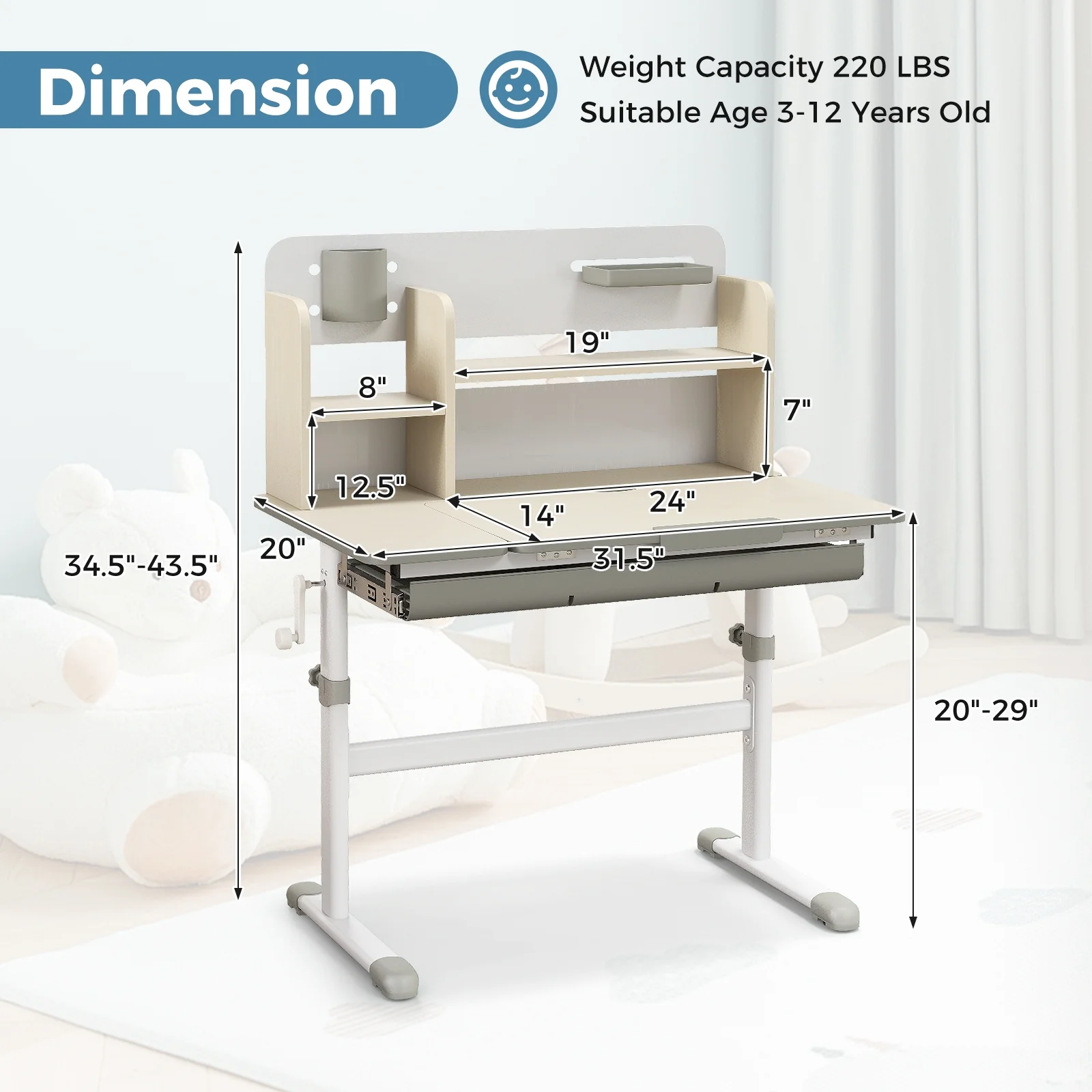 Height Adjustable Kids Study Desk, Tilt Desktop, 3-12 Years, Gray - Image 6