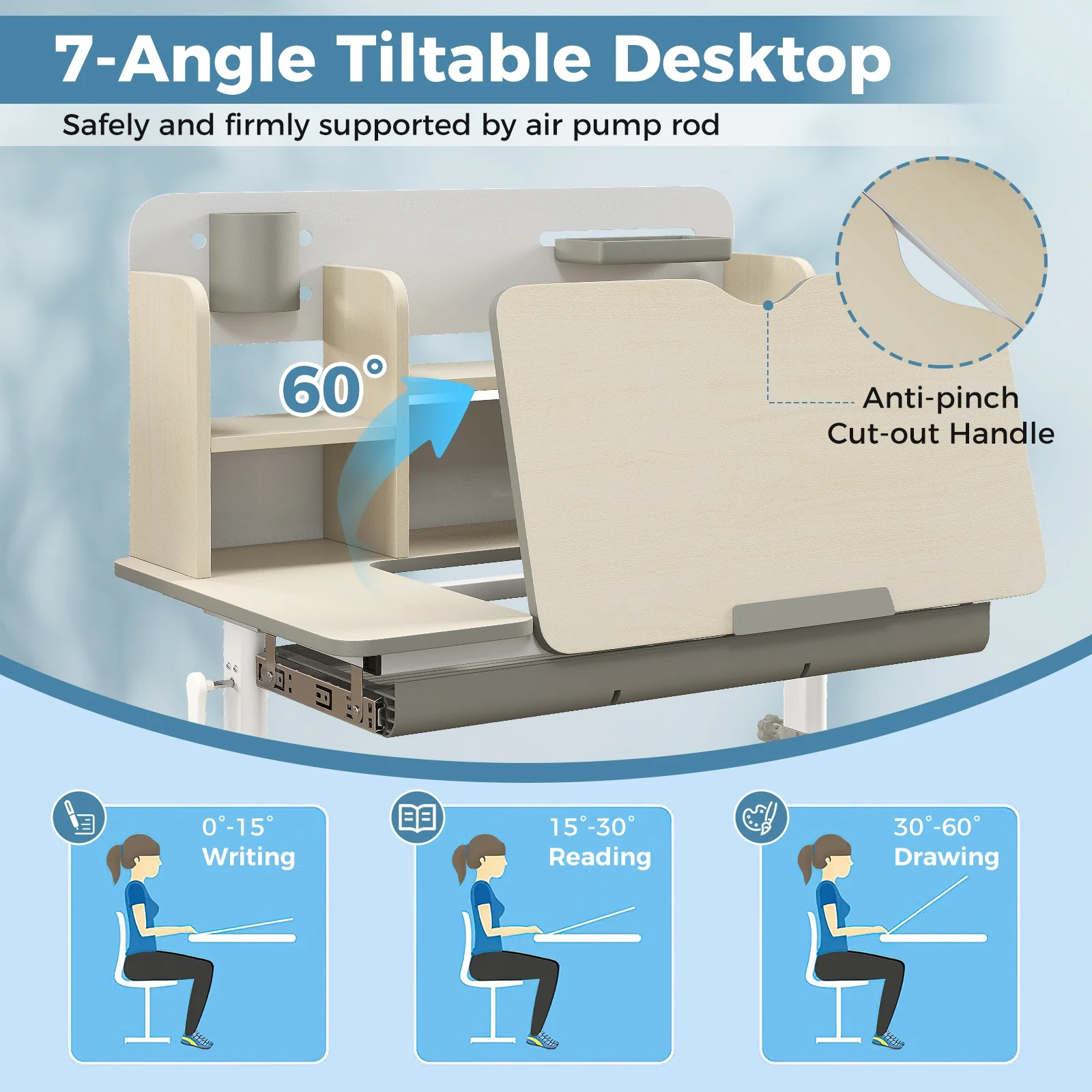 Height Adjustable Kids Study Desk, Tilt Desktop, 3-12 Years, Gray - Image 9