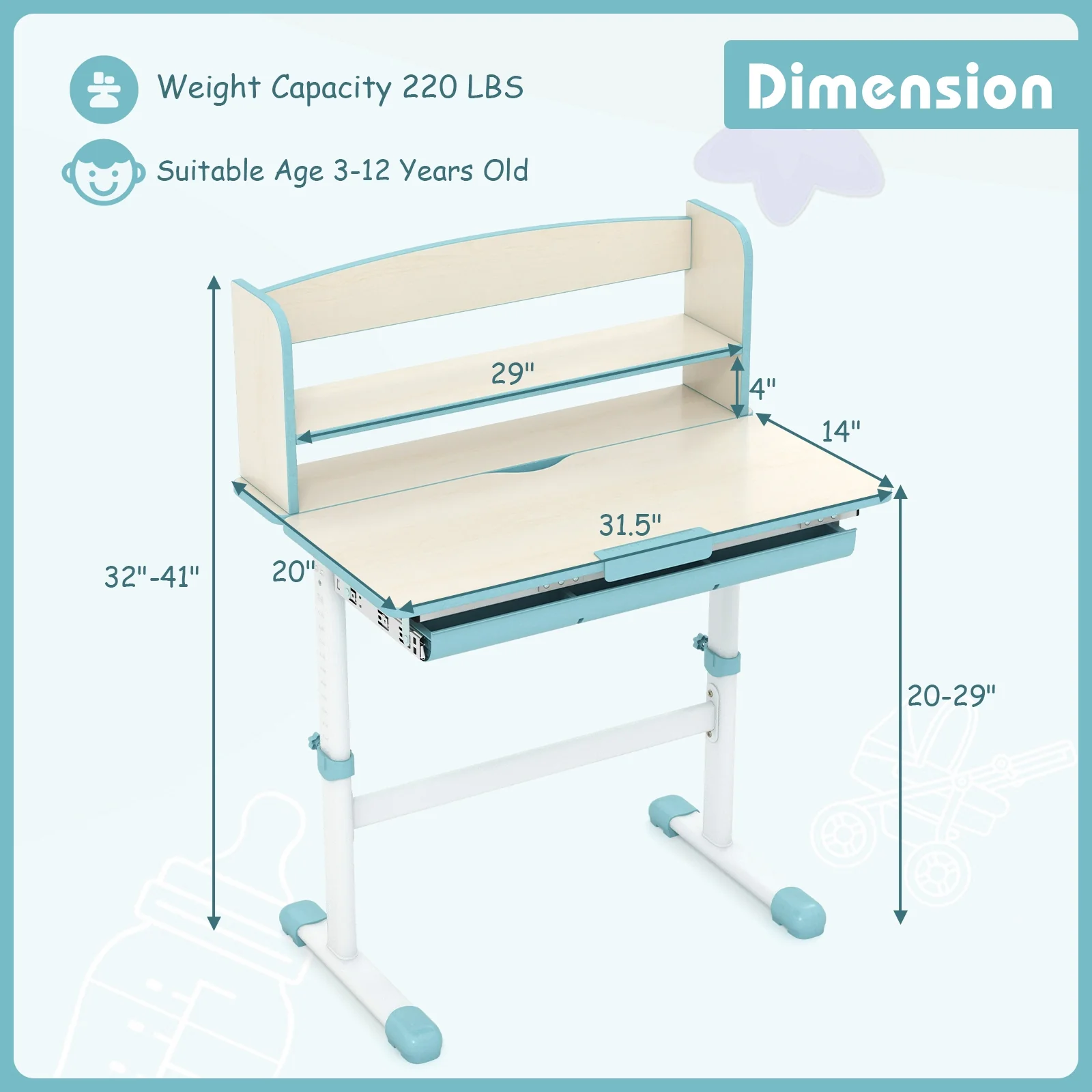 Height Adjustable Kids Study Desk, Tilt Desktop, Blue - Image 6