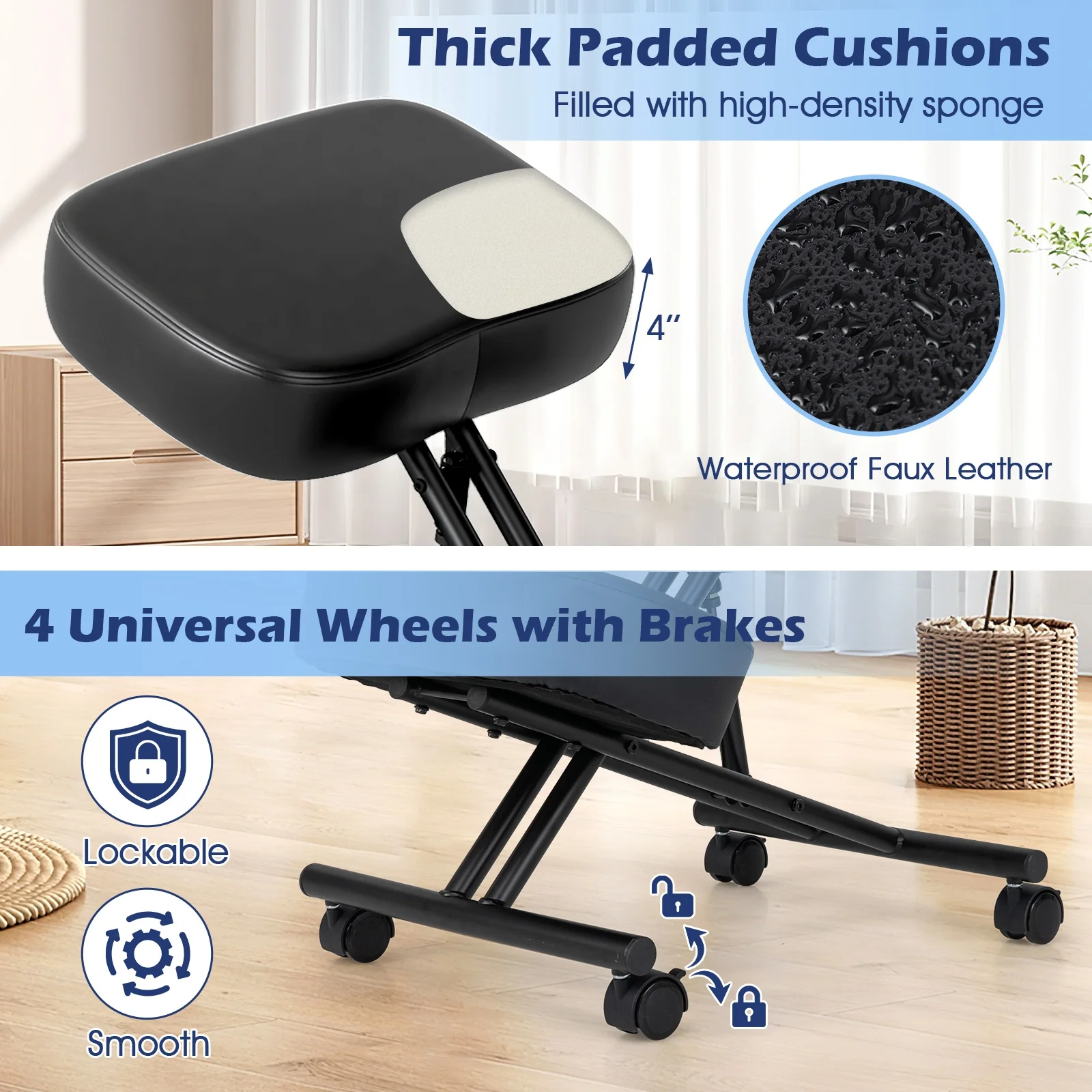 Height Adjustable Kneeling Chair, Posture Correction Stool, Black - Image 10