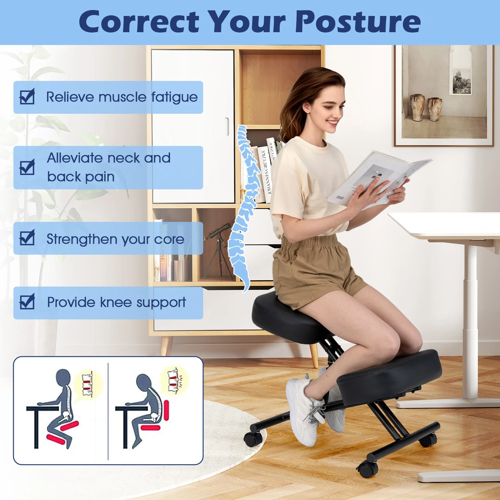 Height Adjustable Kneeling Chair, Posture Correction Stool, Black - Image 8
