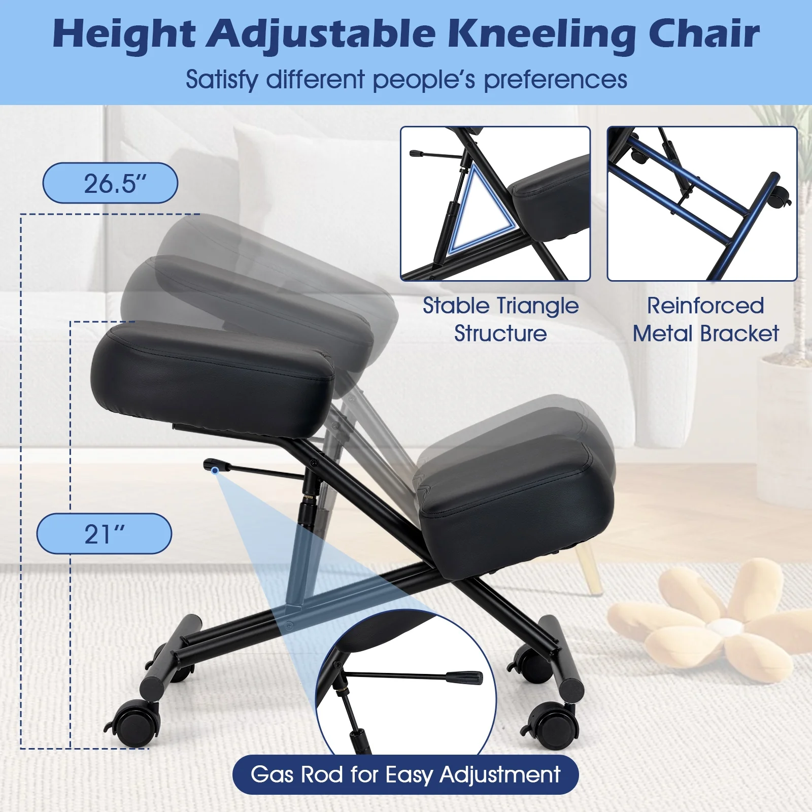 Height Adjustable Kneeling Chair, Posture Correction Stool, Black - Image 9