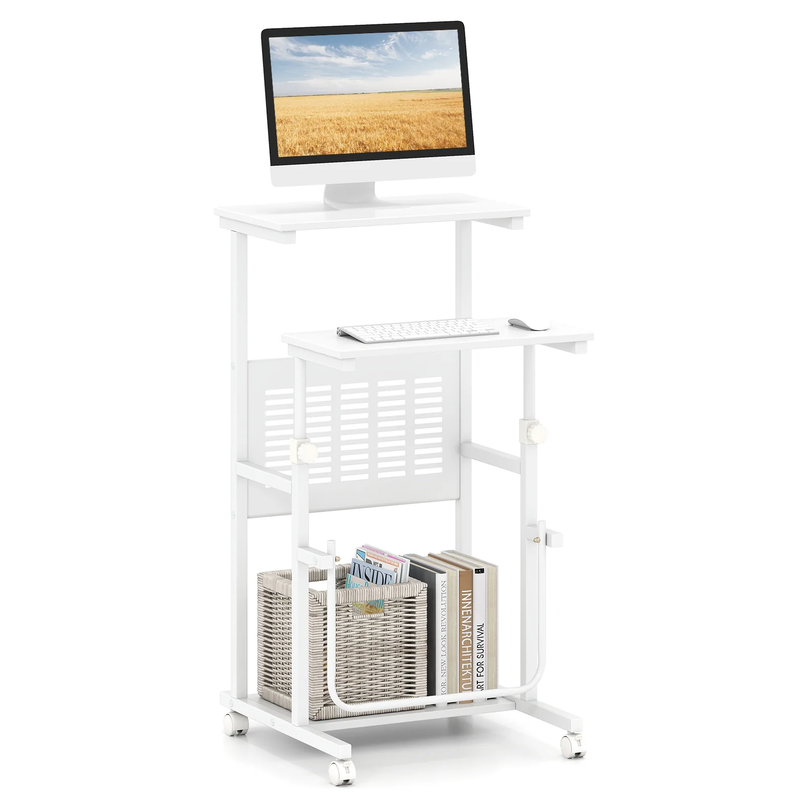 Height Adjustable Mobile Computer Stand-Up Desk, White