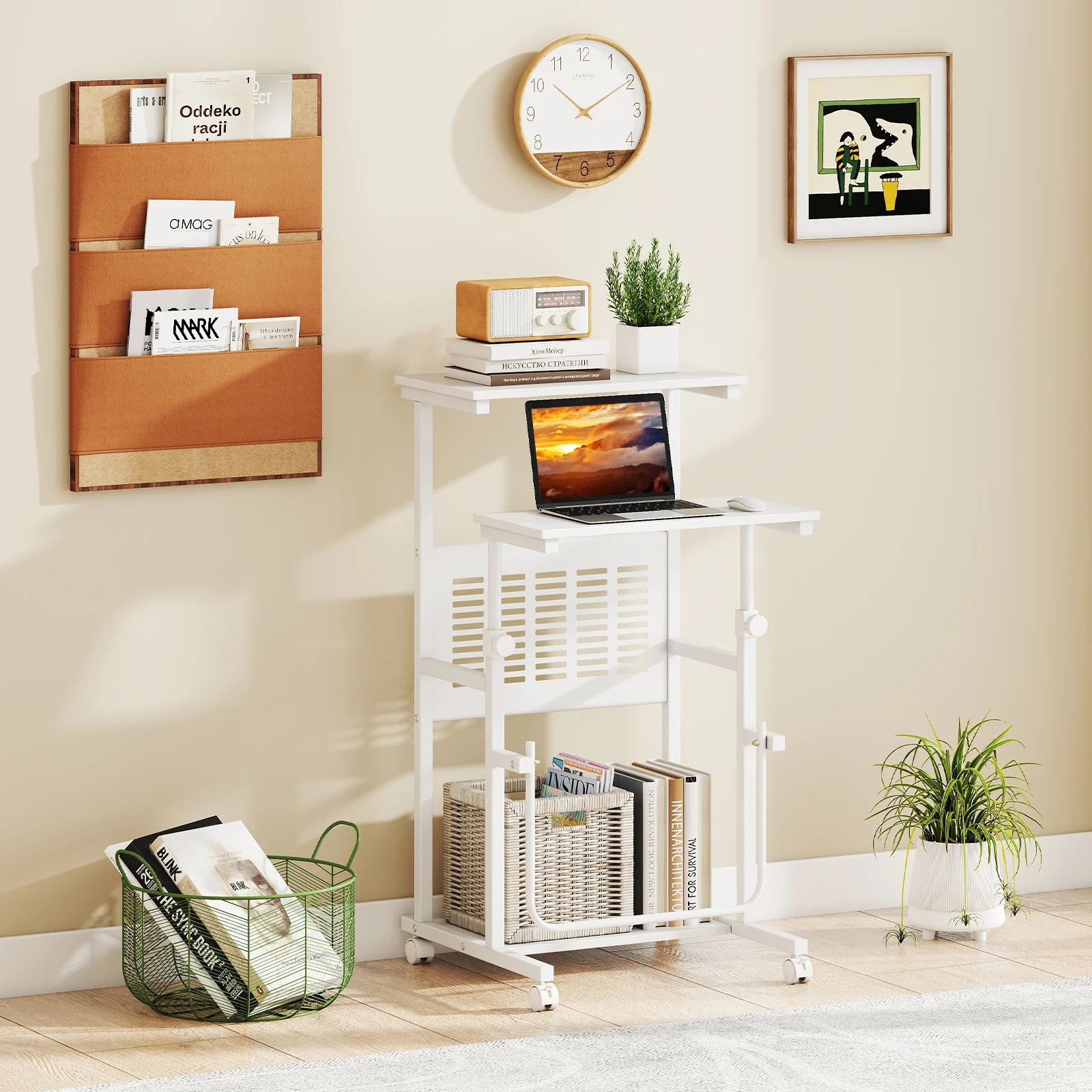 Height Adjustable Mobile Computer Stand-Up Desk, White - Image 2