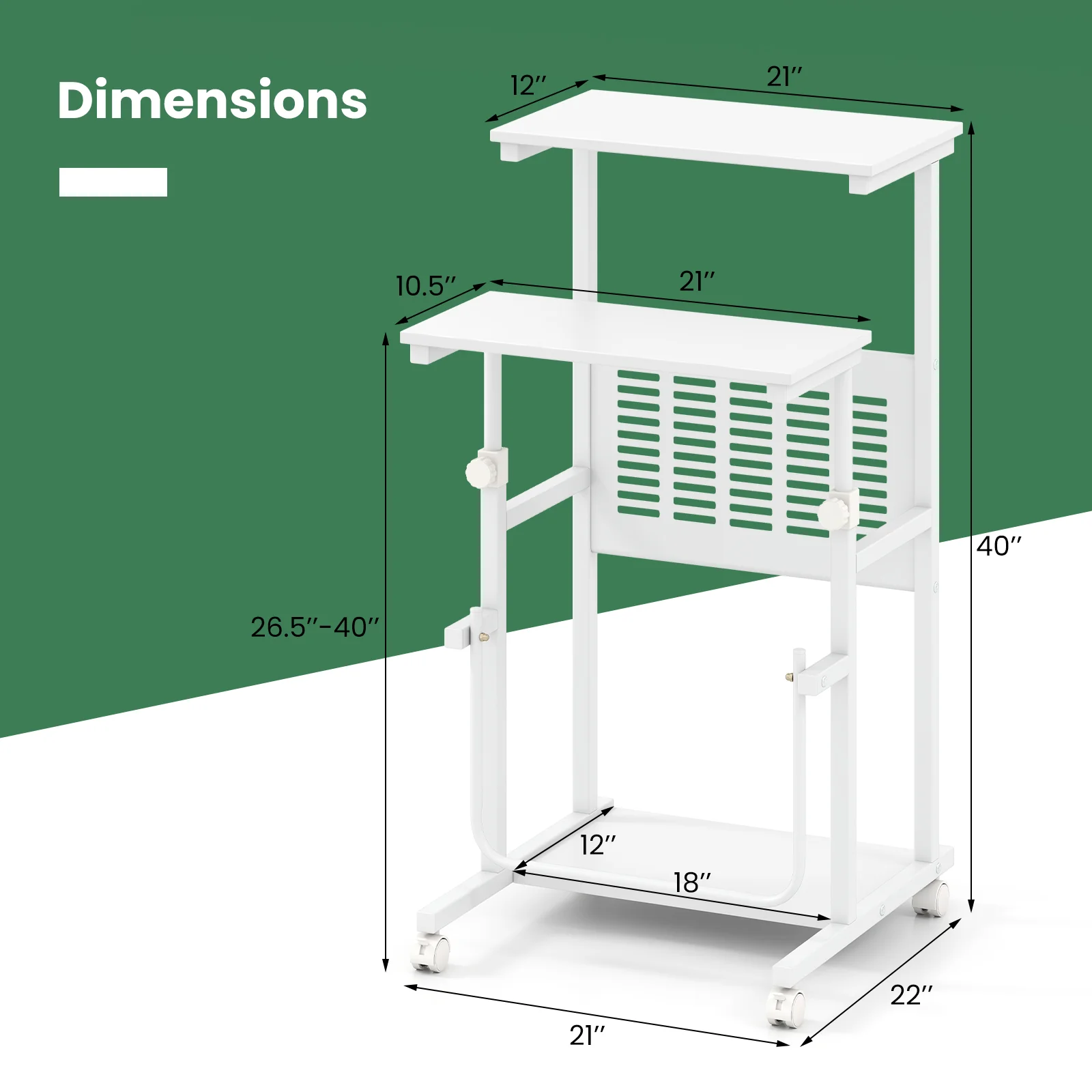 Height Adjustable Mobile Computer Stand-Up Desk, White - Image 5