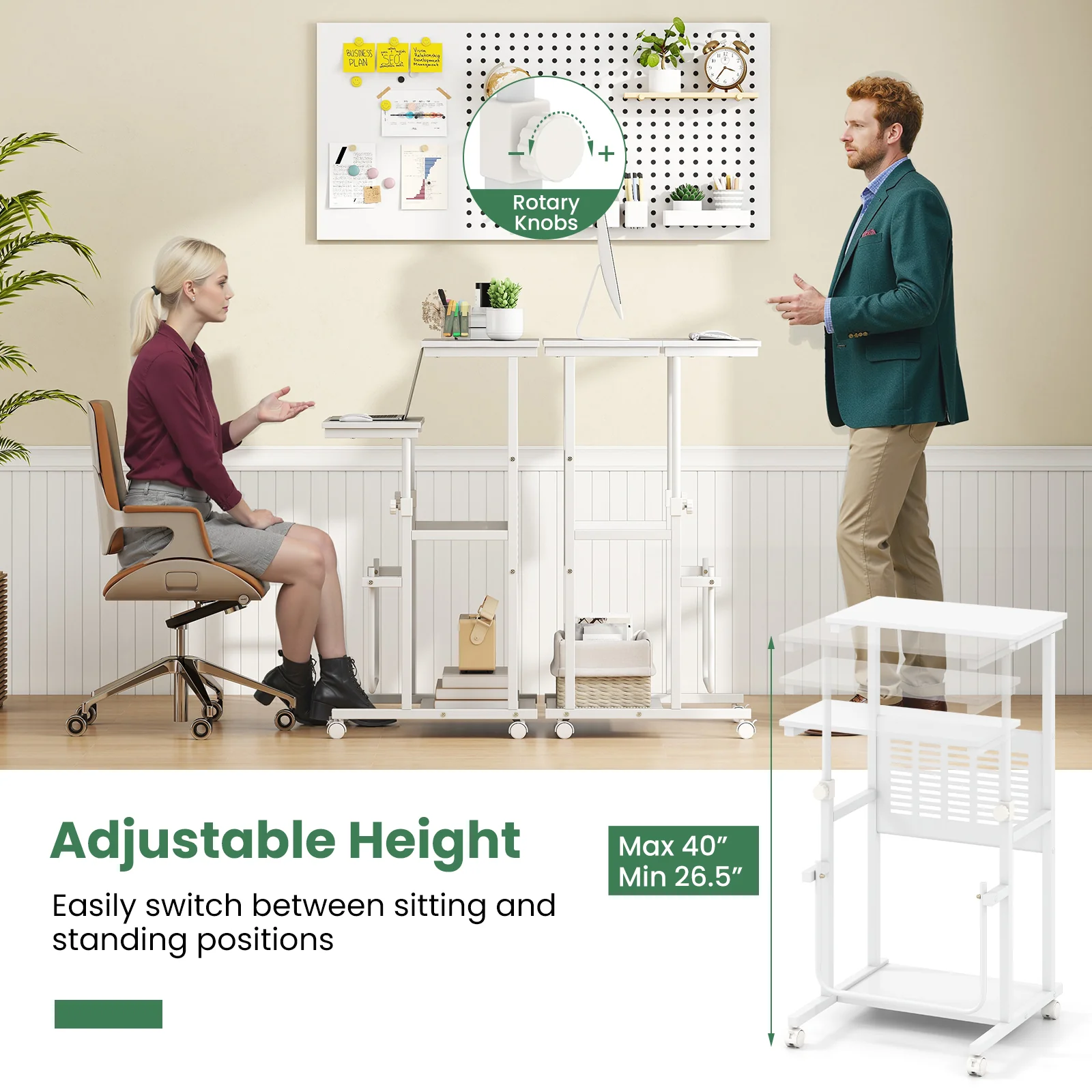 Height Adjustable Mobile Computer Stand-Up Desk, White - Image 7