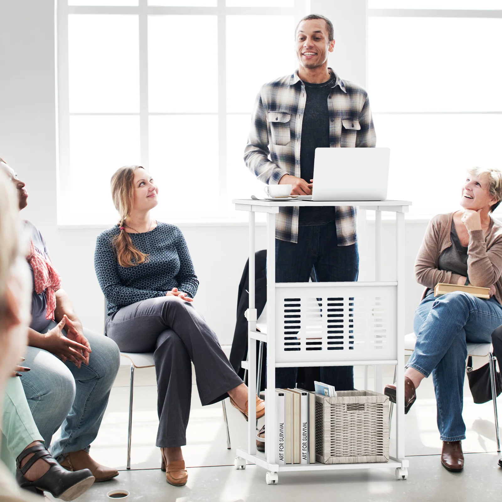 Height Adjustable Mobile Computer Stand-Up Desk, White - Image 8