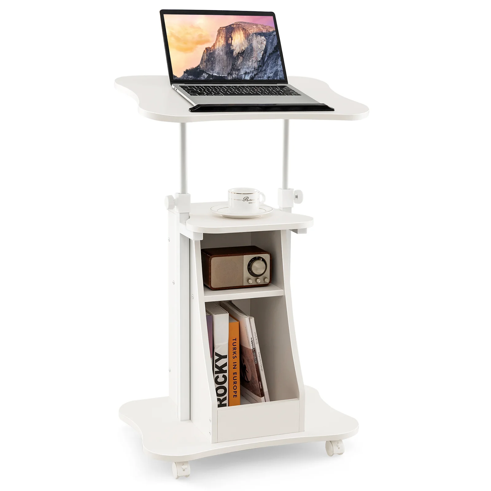 Height Adjustable Mobile Podium Stand, Tilting Tabletop, Storage Compartments, White