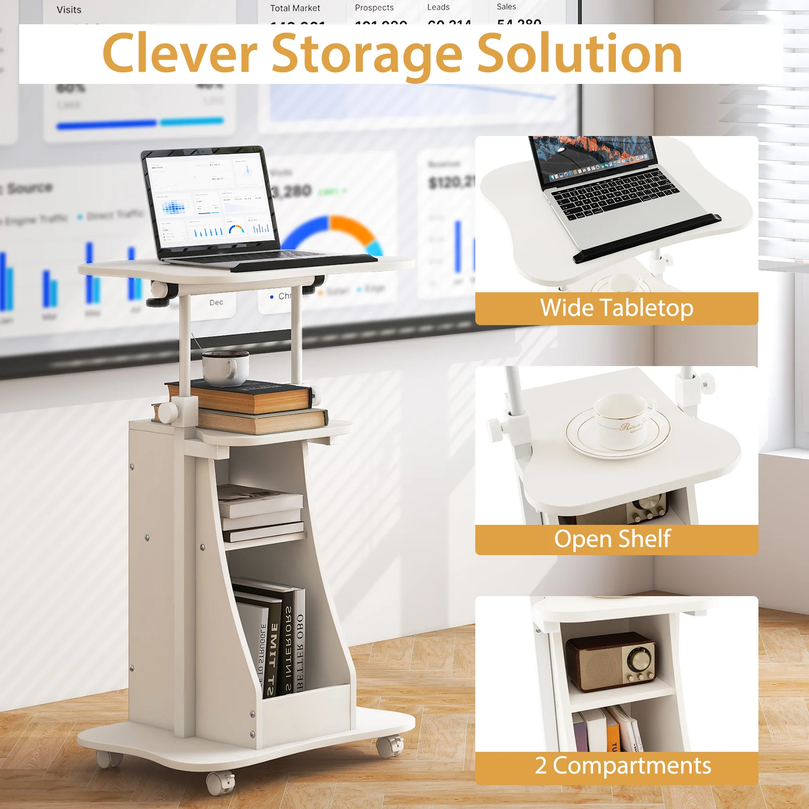 Height Adjustable Mobile Podium Stand, Tilting Tabletop, Storage Compartments, White - Image 10