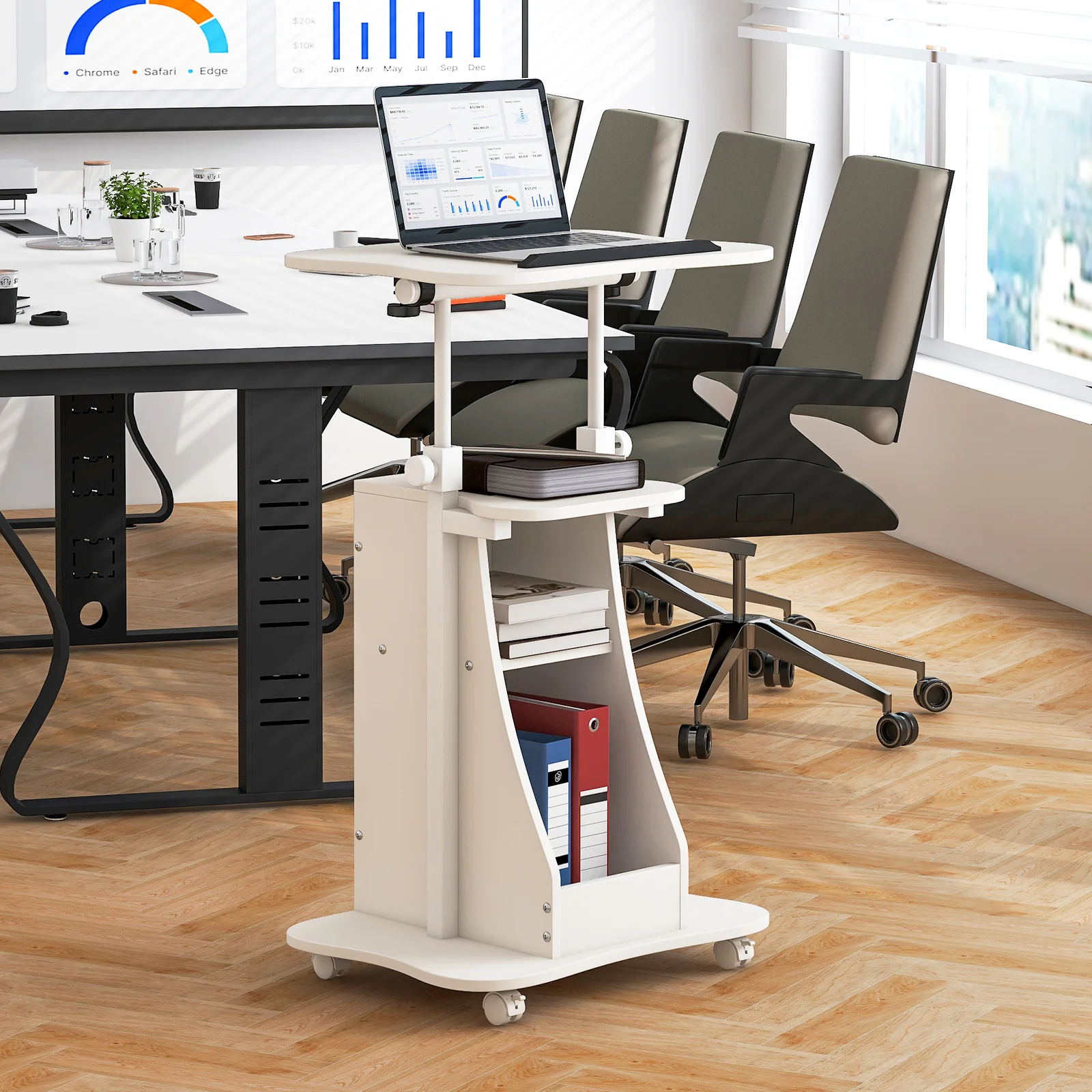 Height Adjustable Mobile Podium Stand, Tilting Tabletop, Storage Compartments, White - Image 2