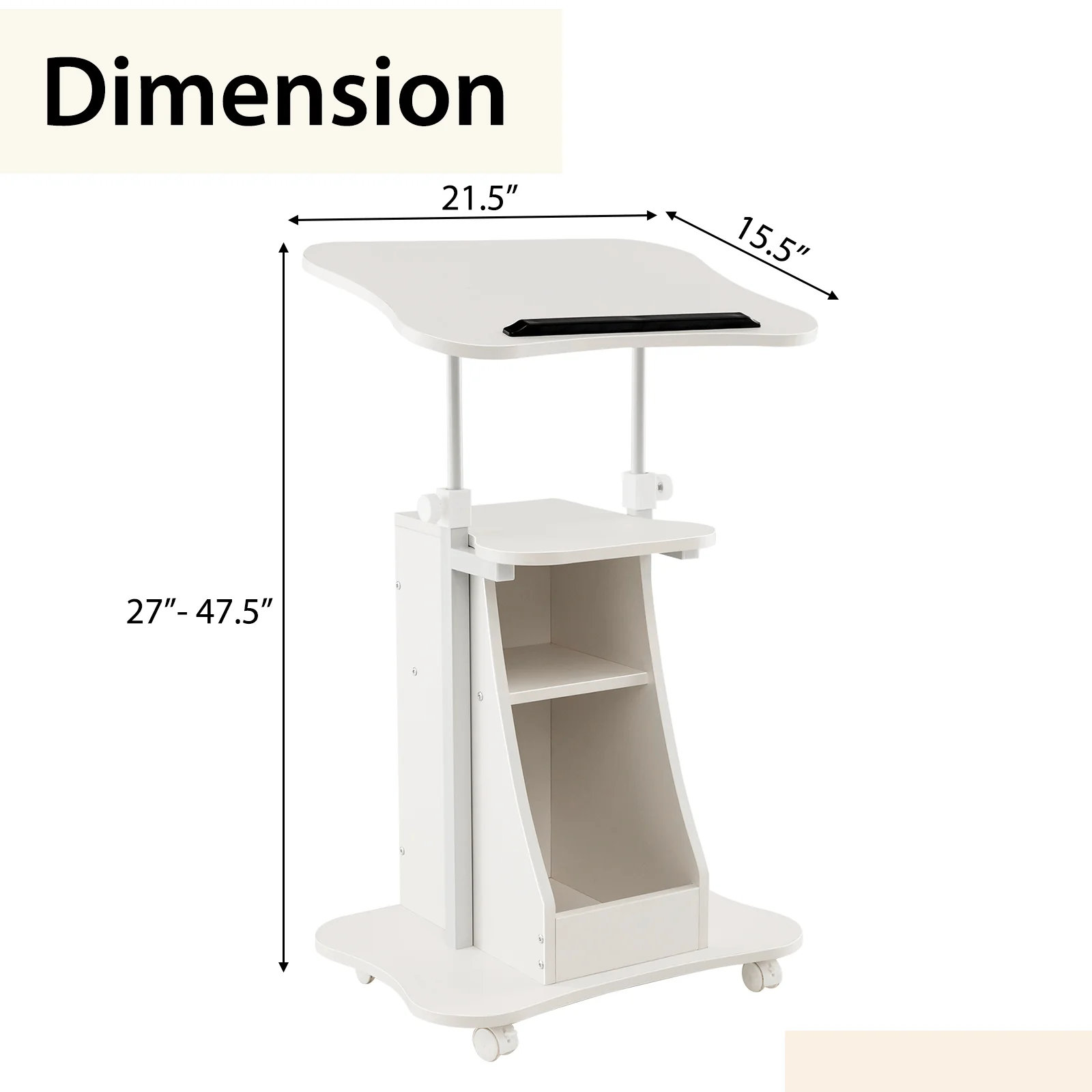 Height Adjustable Mobile Podium Stand, Tilting Tabletop, Storage Compartments, White - Image 6