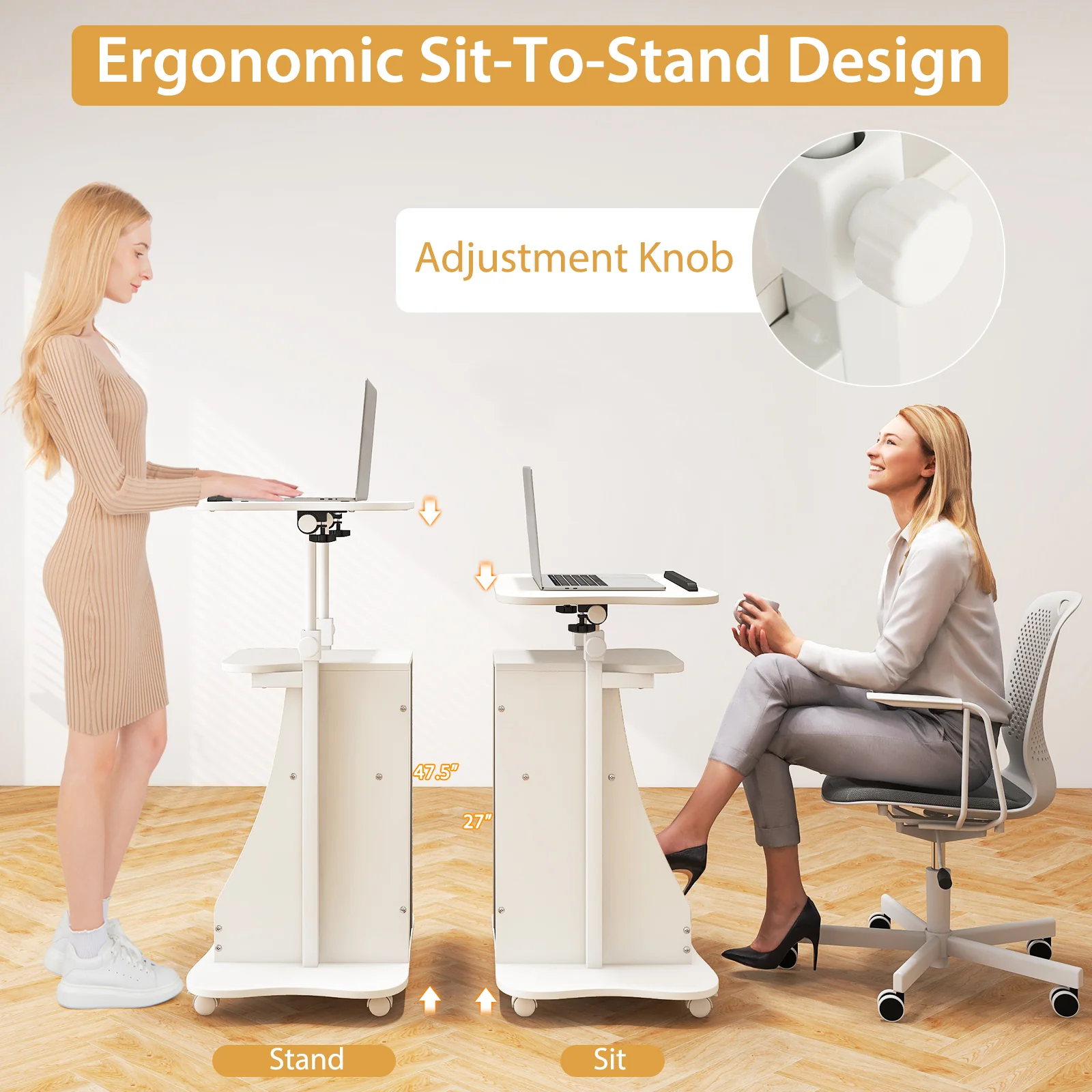 Height Adjustable Mobile Podium Stand, Tilting Tabletop, Storage Compartments, White - Image 8