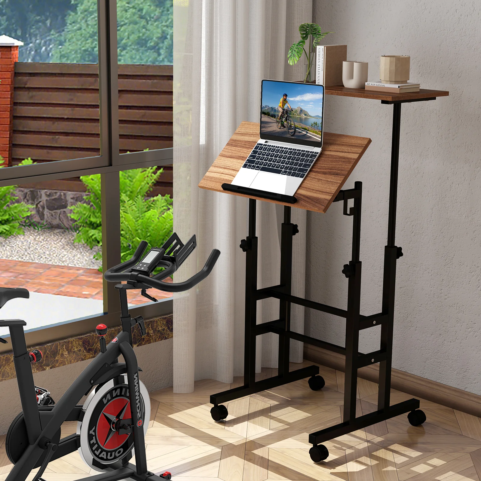 Height-Adjustable Mobile Standing Desk, Split Top, Walnut - Image 3