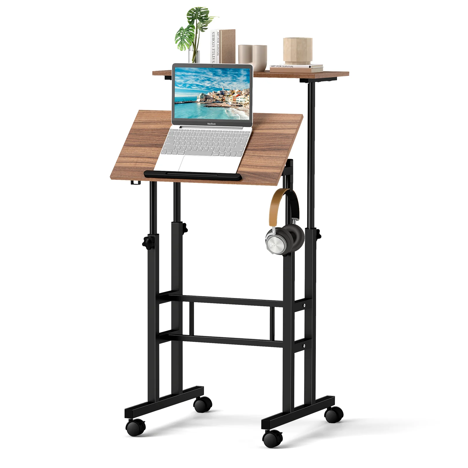 Height-Adjustable Mobile Standing Desk, Split Top, Walnut - Image 5