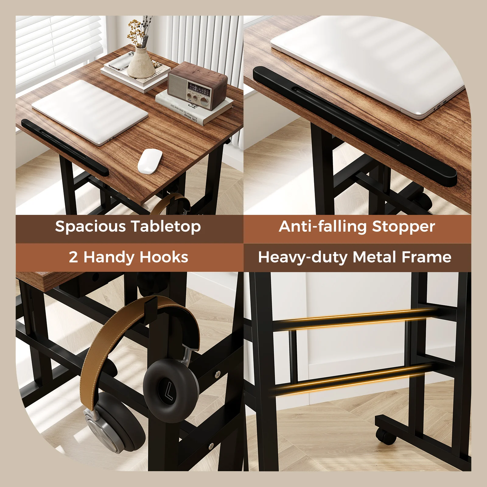 Height-Adjustable Mobile Standing Desk, Split Top, Walnut - Image 9