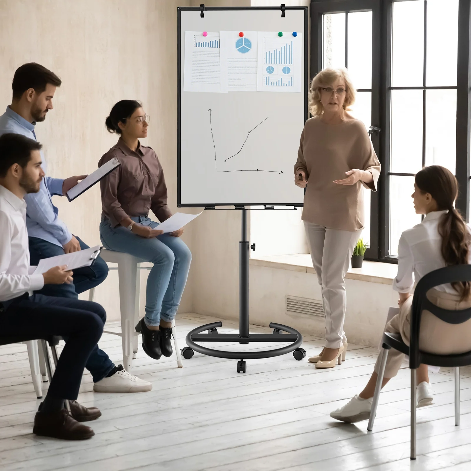 Height-Adjustable Mobile Whiteboard, Black - Image 3