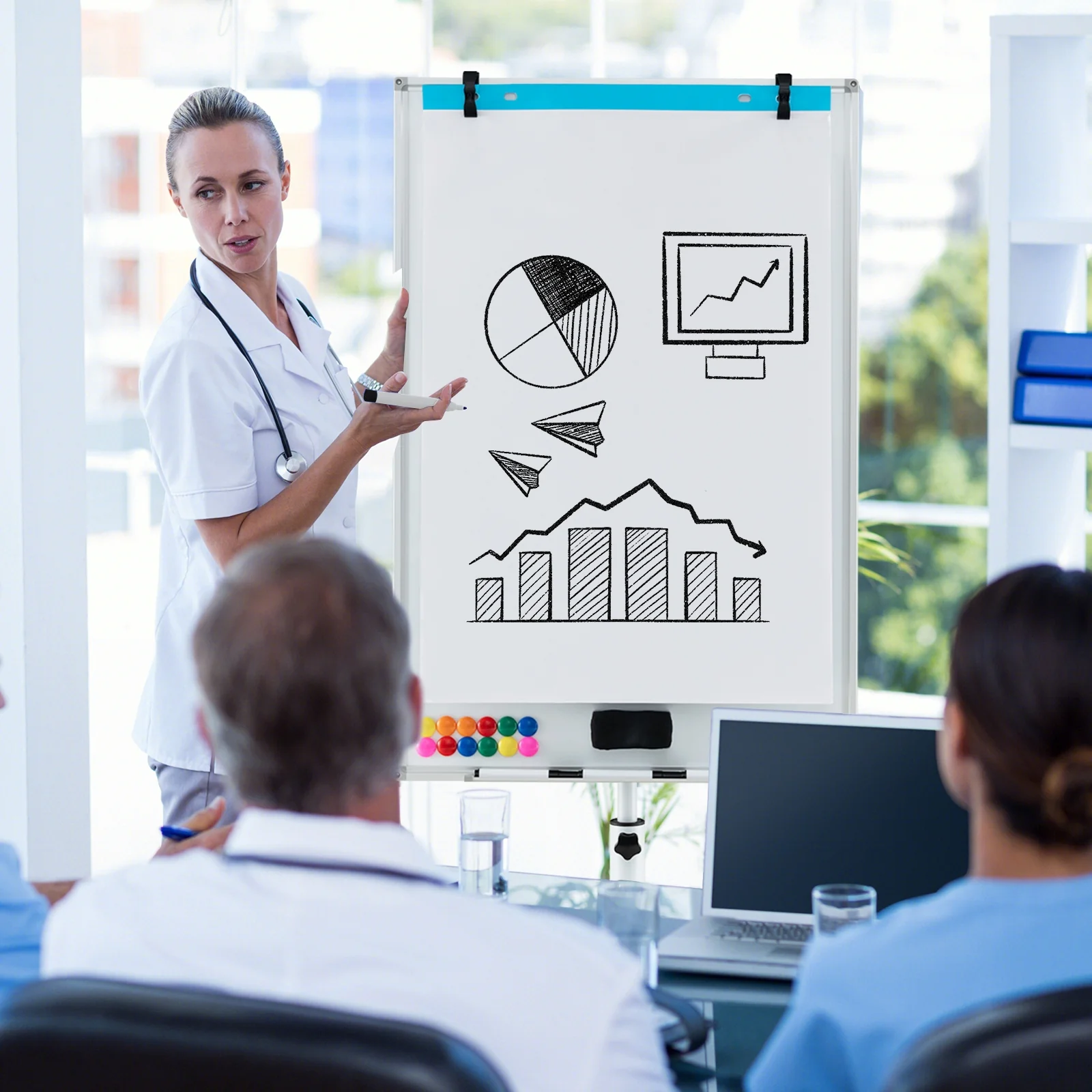 Height-Adjustable Mobile Whiteboard, Round Stand Paper Clips, White - Image 2