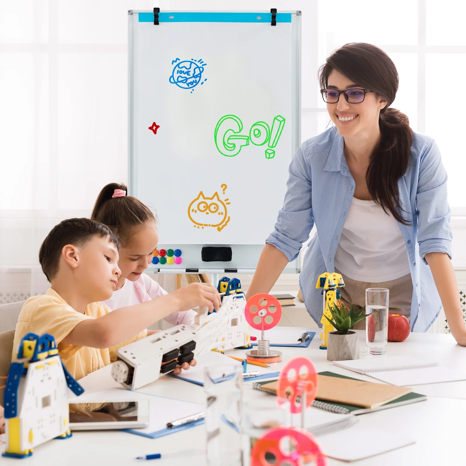 Height-Adjustable Mobile Whiteboard, Round Stand Paper Clips, White - Image 3