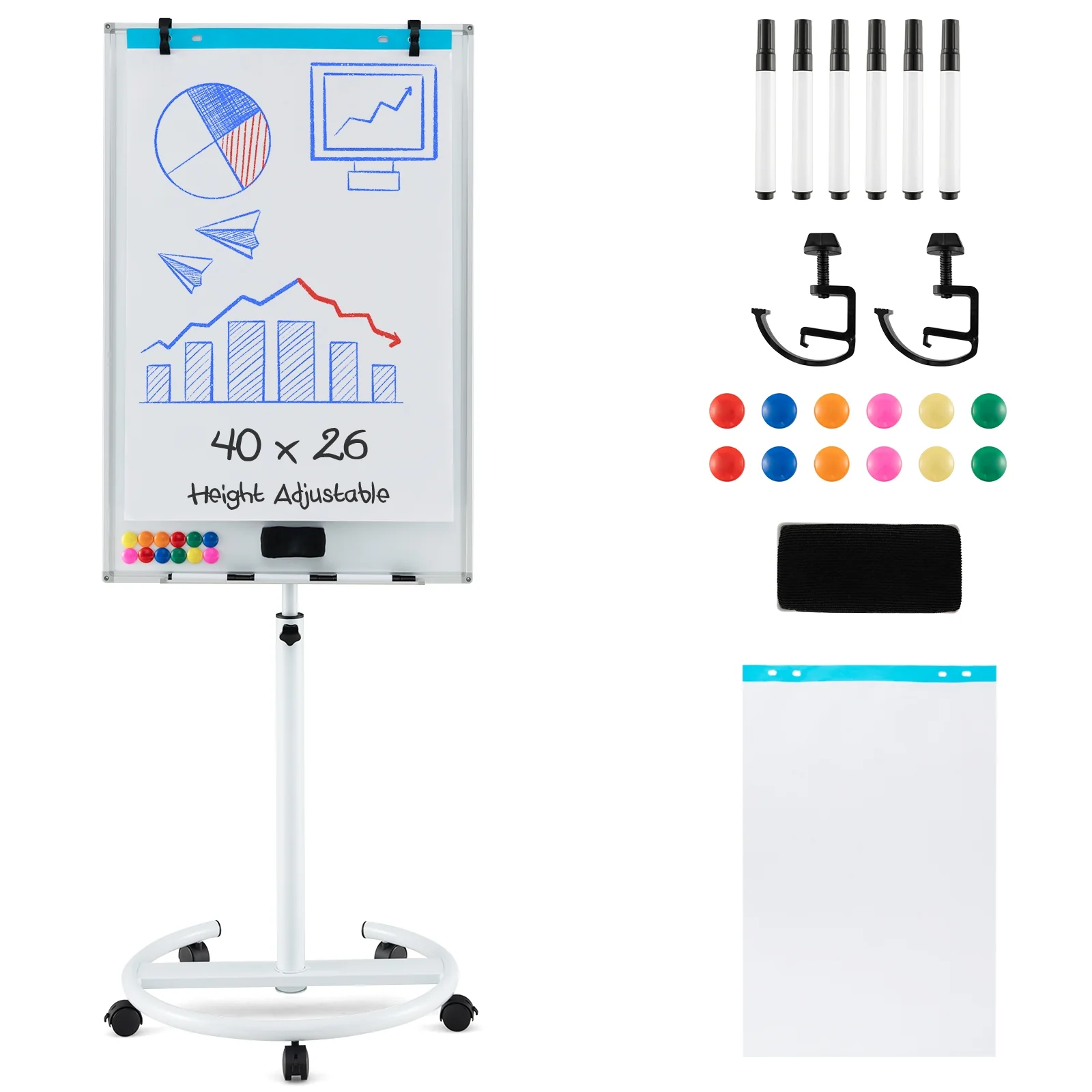 Height-Adjustable Mobile Whiteboard, Round Stand Paper Clips, White - Image 4