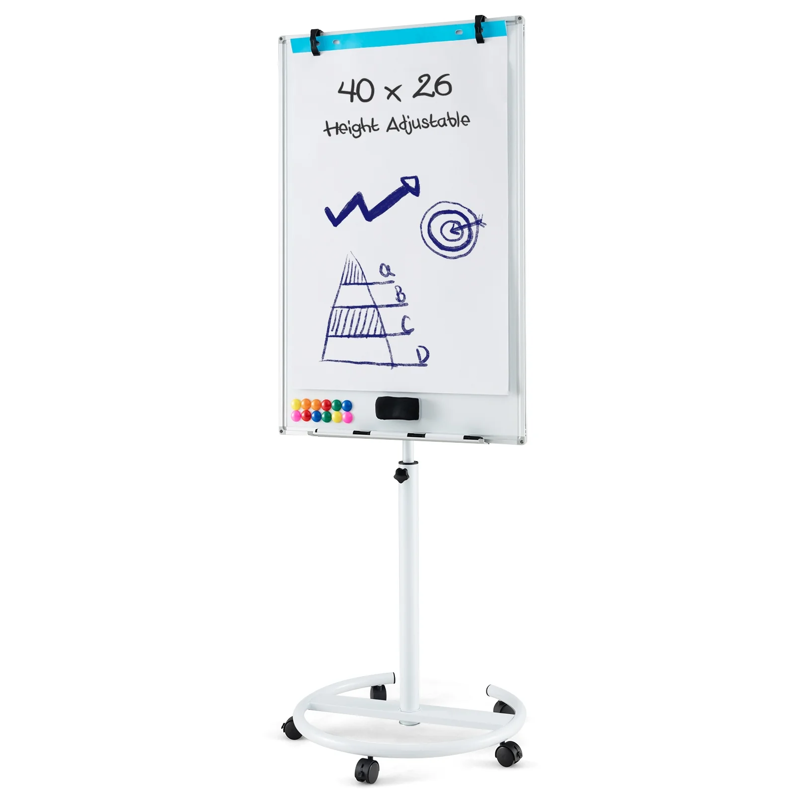Height-Adjustable Mobile Whiteboard, Round Stand Paper Clips, White - Image 5