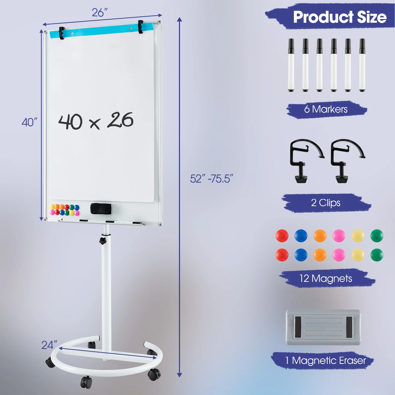 Height-Adjustable Mobile Whiteboard, Round Stand Paper Clips, White - Image 6