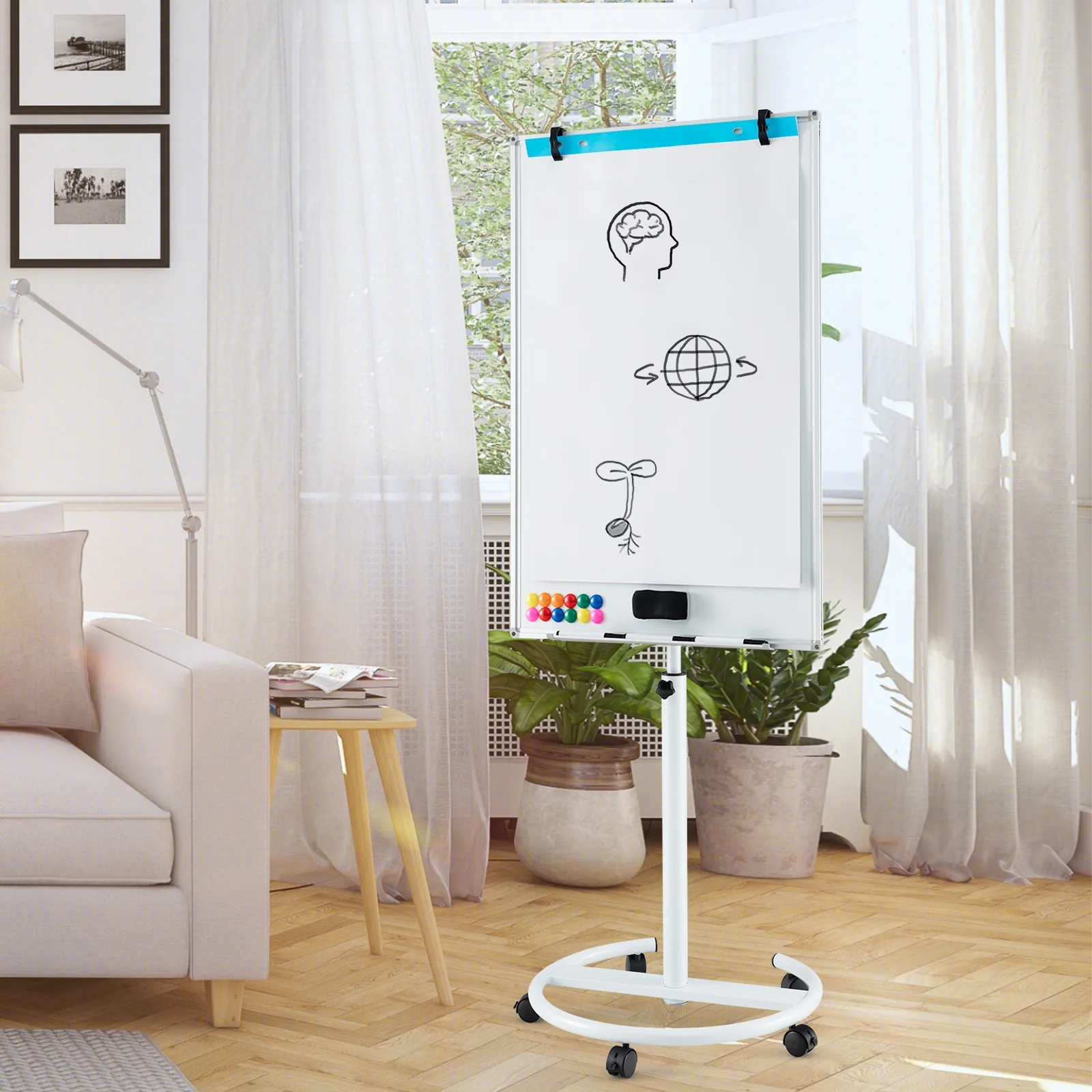 Height-Adjustable Mobile Whiteboard, Round Stand Paper Clips, White - Image 8
