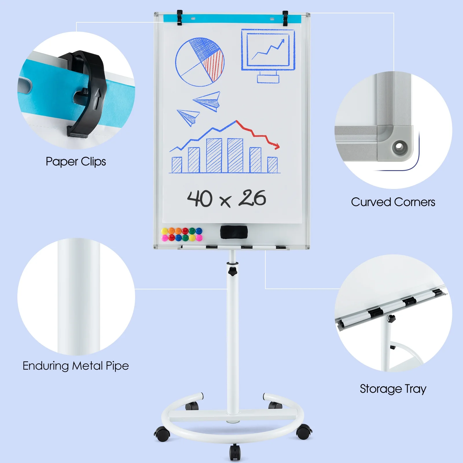 Height-Adjustable Mobile Whiteboard, Round Stand Paper Clips, White - Image 9