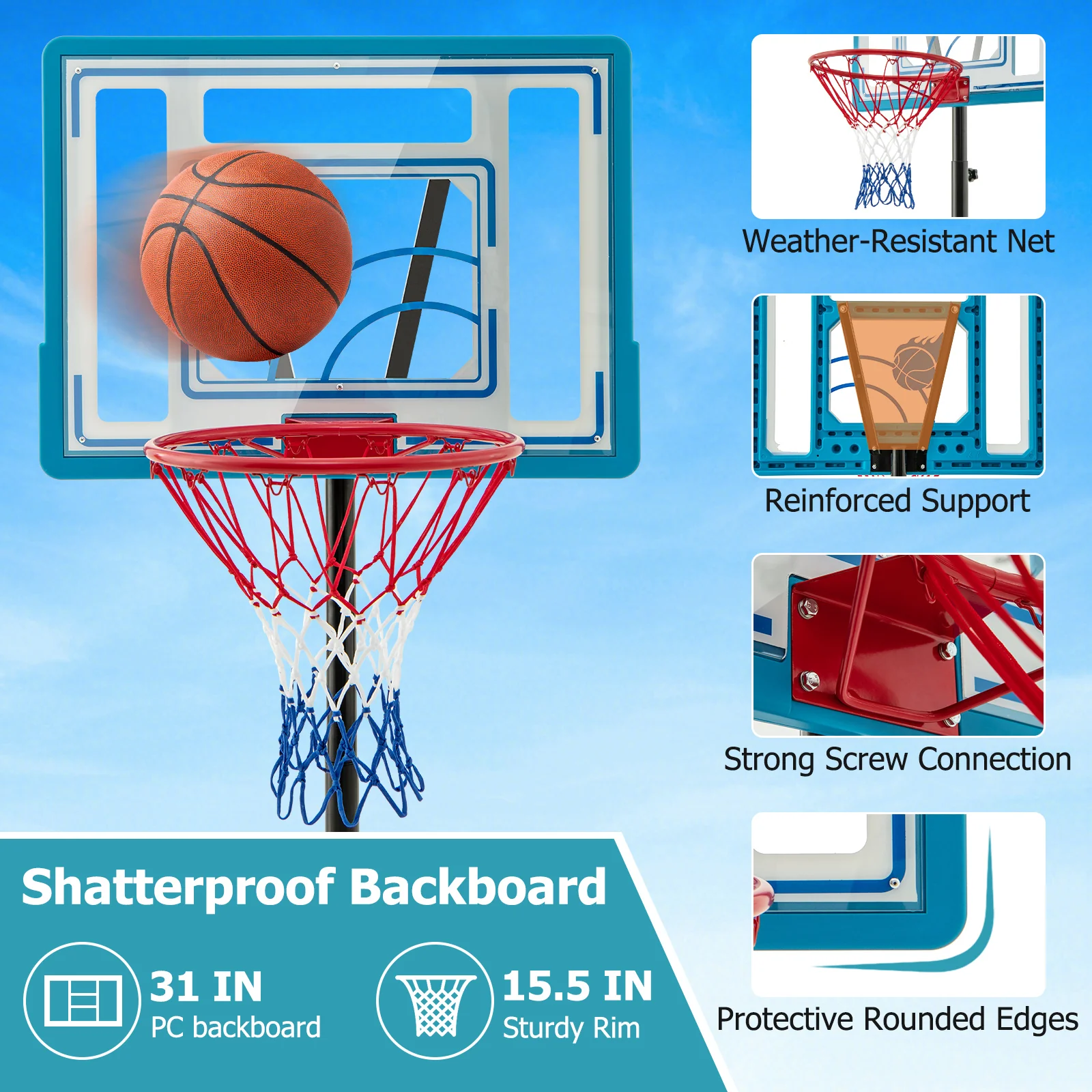 Height Adjustable Pool Basketball Hoop, 3.8-4.4 Feet, Blue - Image 7