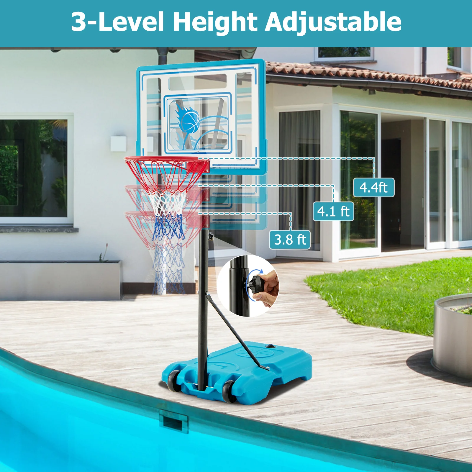 Height Adjustable Pool Basketball Hoop, 3.8-4.4 Feet, Blue - Image 8