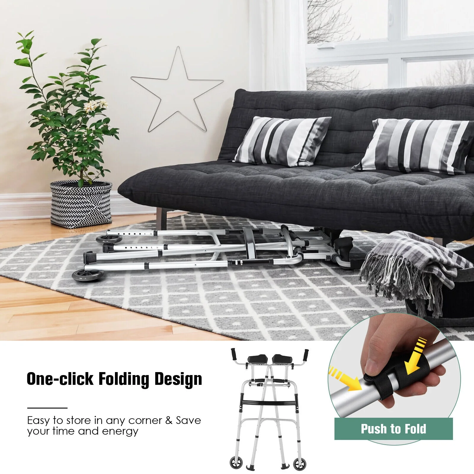 Height Adjustable Rollator Walker With Seat, Armrest Pad, White, Black - Image 10