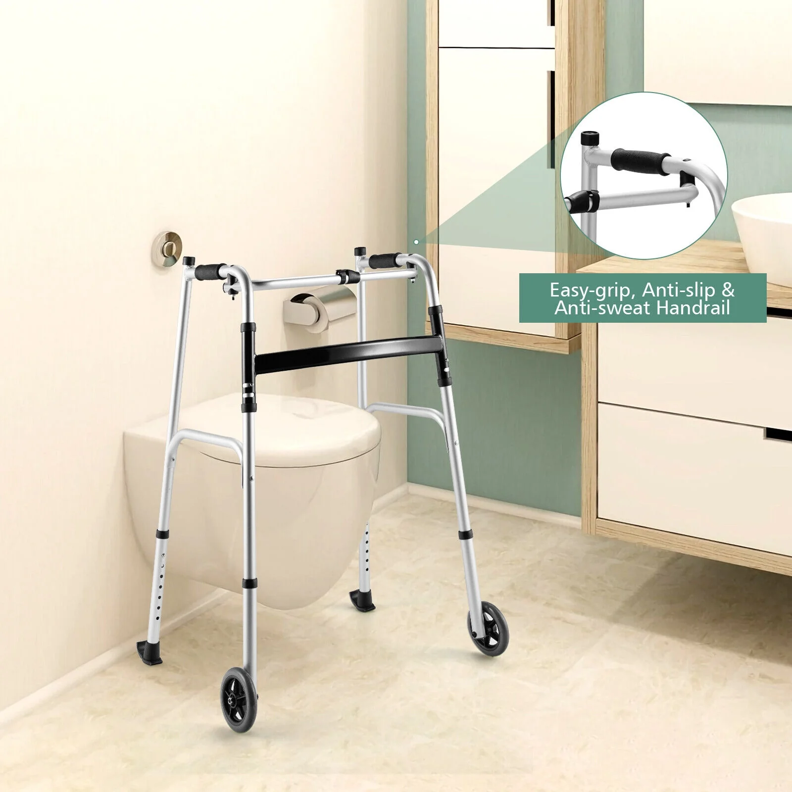 Height Adjustable Rollator Walker With Seat, Armrest Pad, White, Black - Image 2