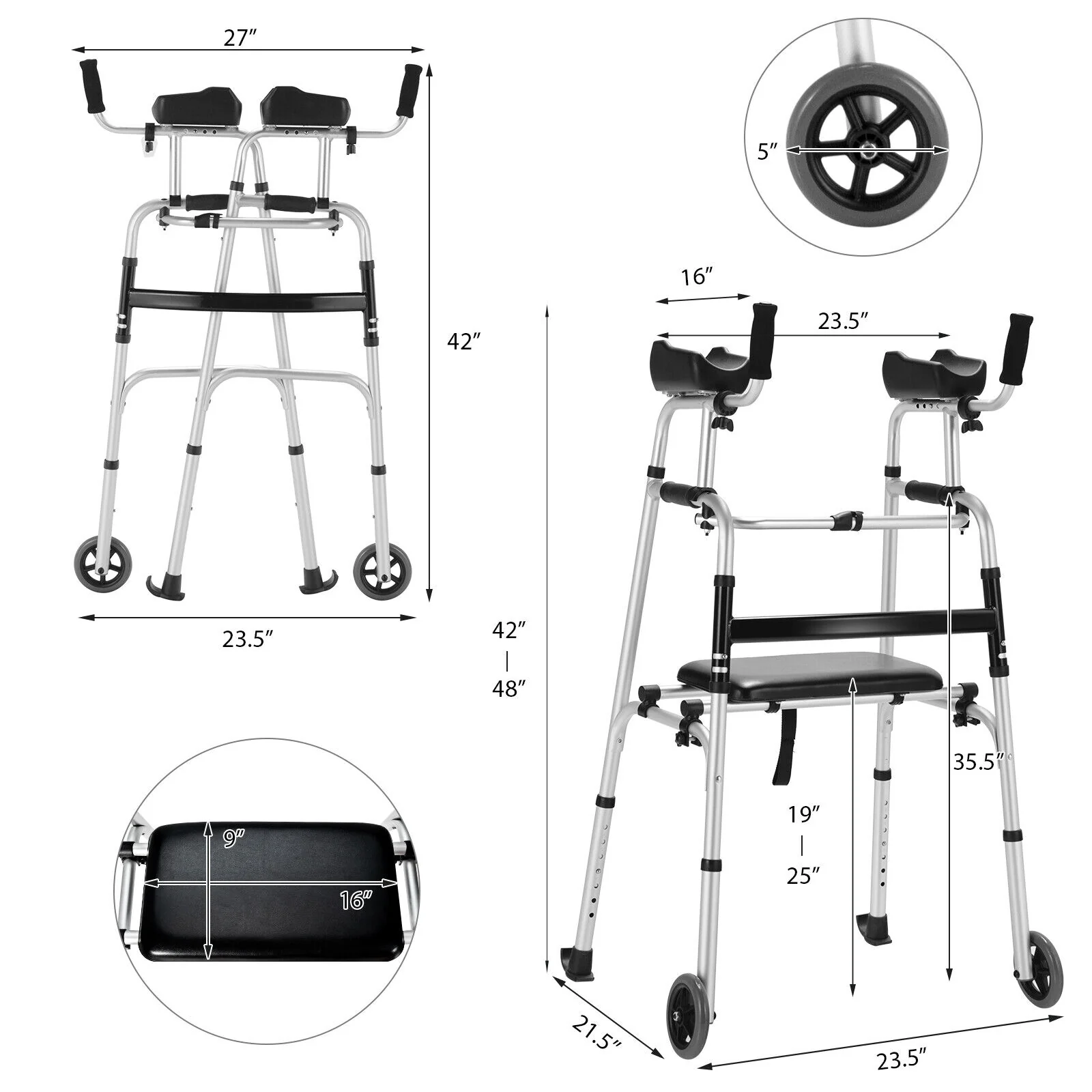 Height Adjustable Rollator Walker With Seat, Armrest Pad, White, Black - Image 6