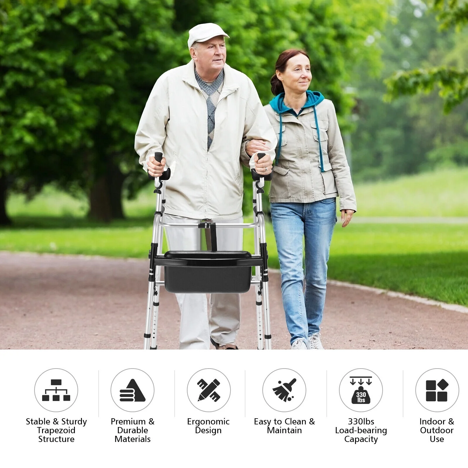 Height Adjustable Rollator Walker With Seat, Armrest Pad, White, Black - Image 9