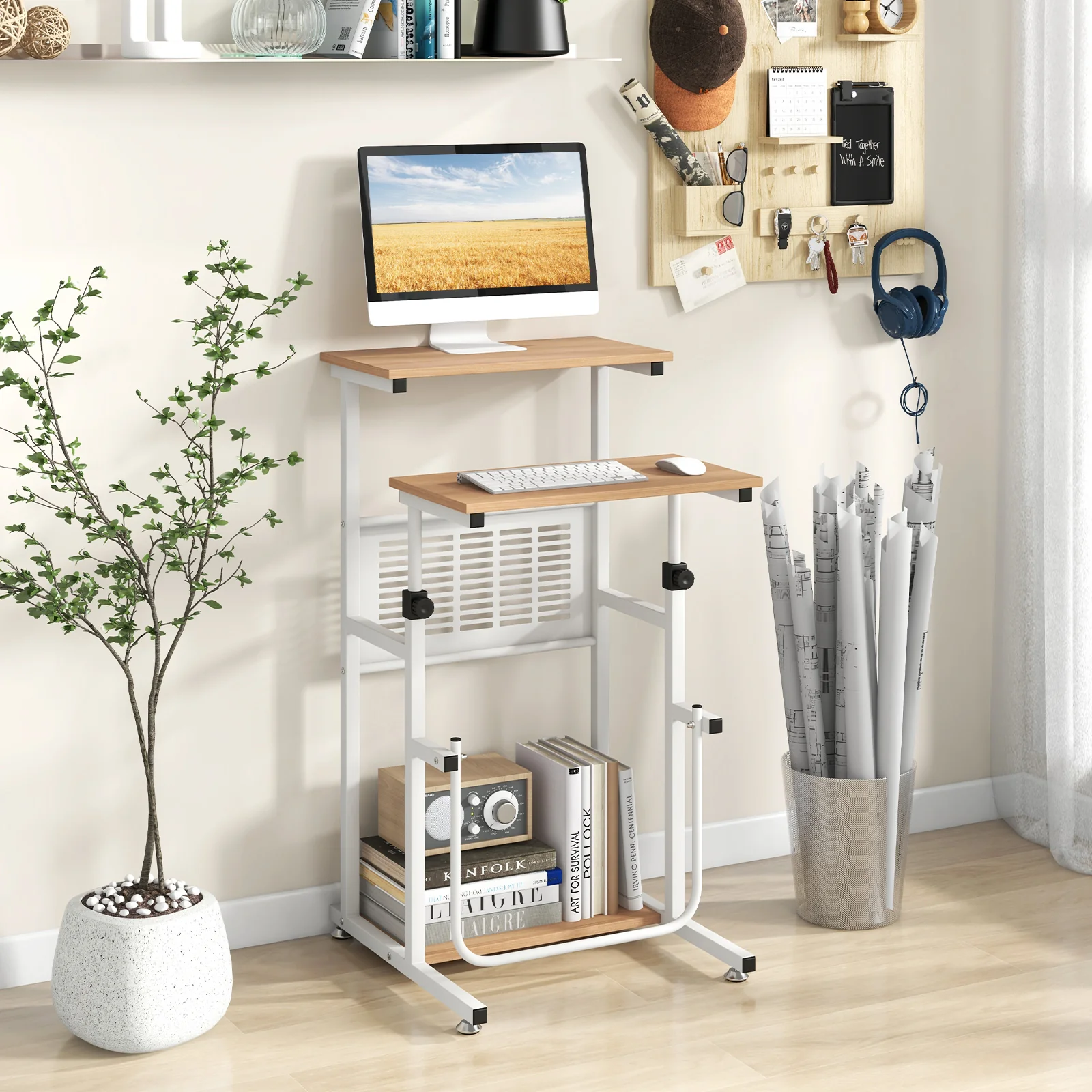 Height Adjustable Standing Desk, Small Space, Brown White - Image 2