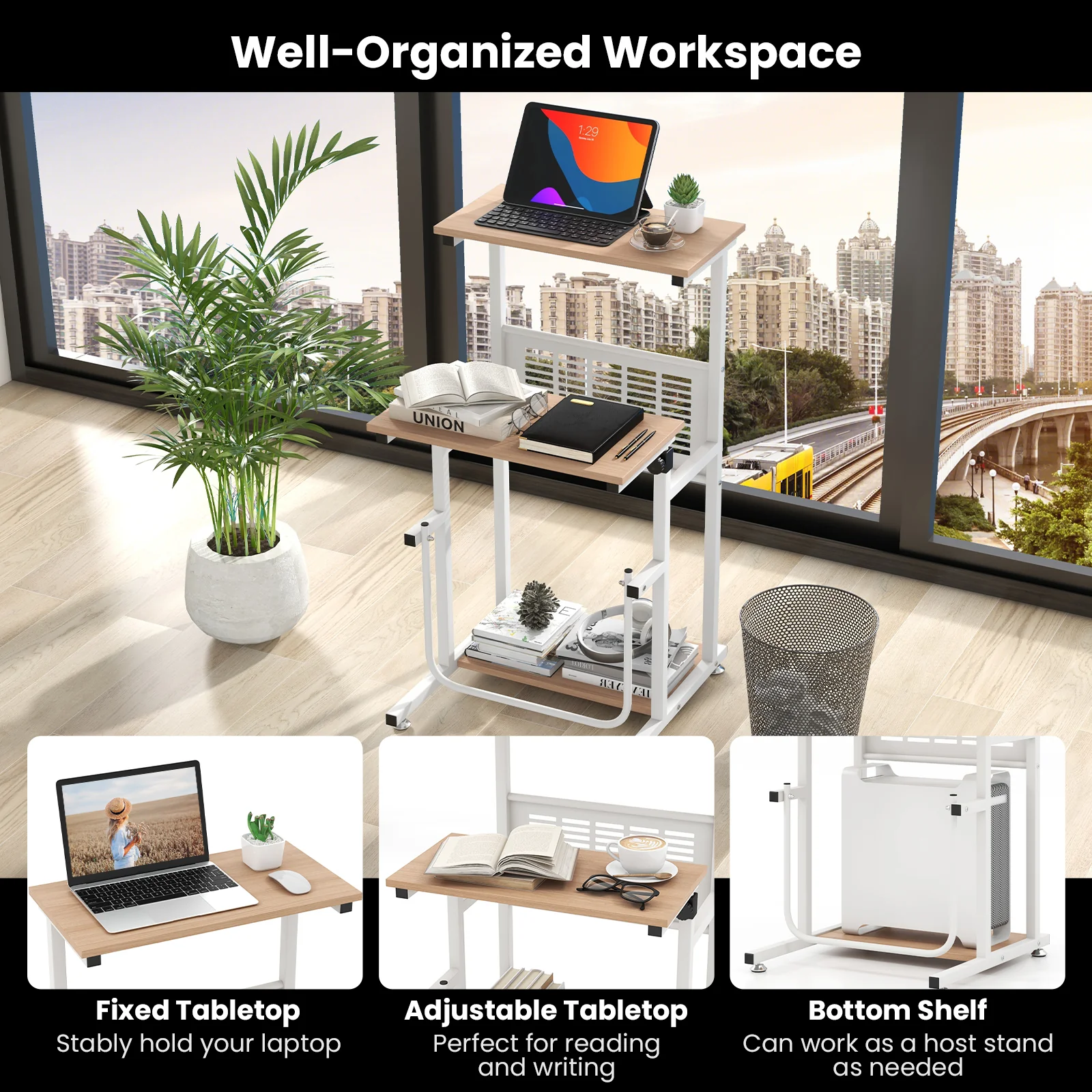 Height Adjustable Standing Desk, Small Space, Brown White - Image 7
