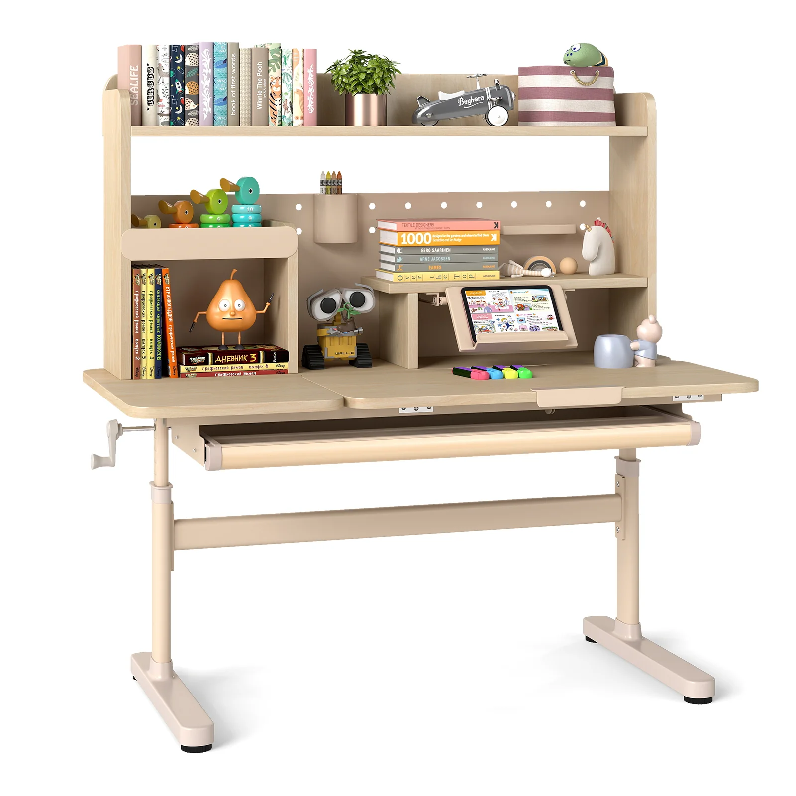 Height Adjustable Writing Table with Tilt Desktop and Retractable Book Stand-YM, Yellow