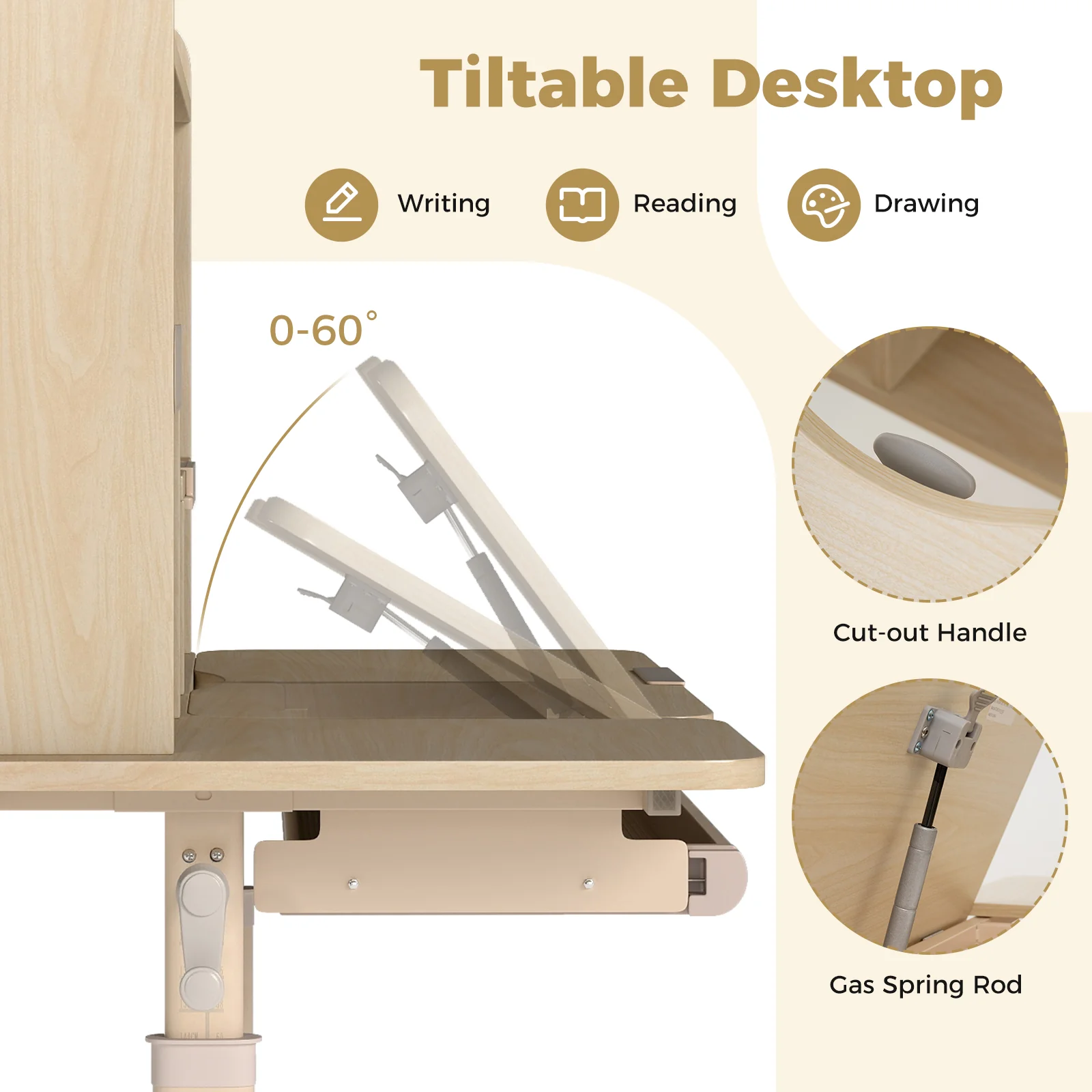 Height Adjustable Writing Table with Tilt Desktop and Retractable Book Stand-YM, Yellow - Image 10
