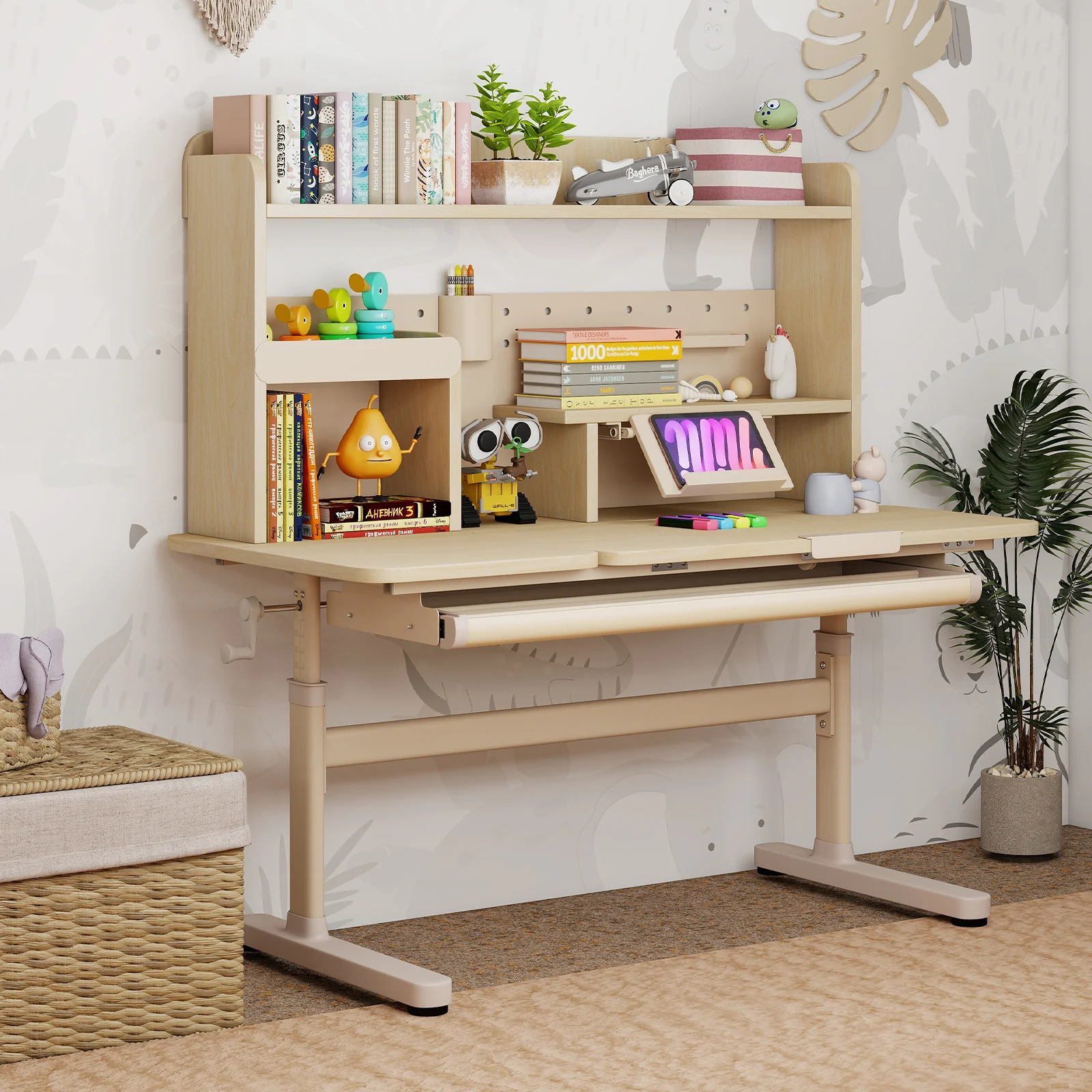Height Adjustable Writing Table with Tilt Desktop and Retractable Book Stand-YM, Yellow - Image 2