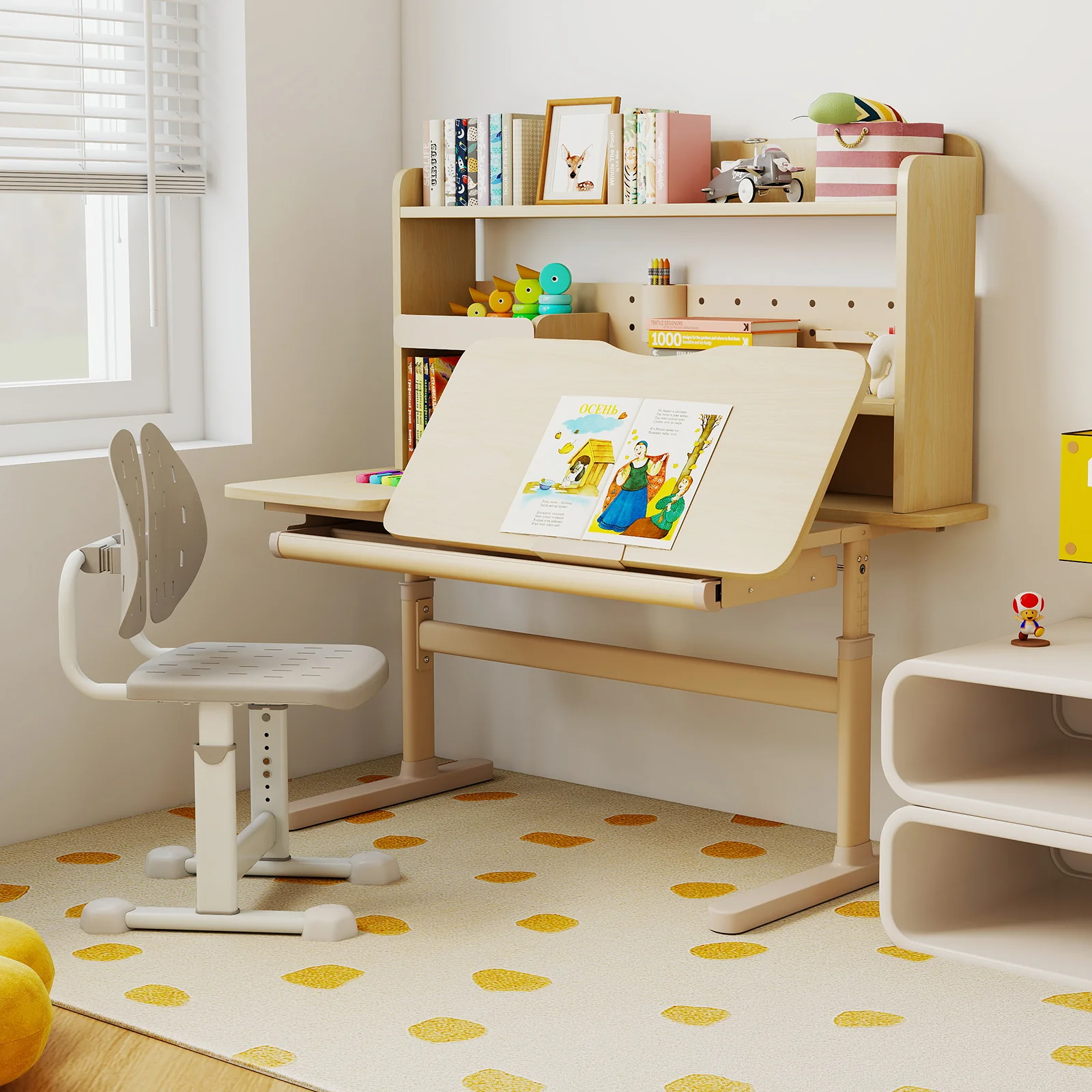 Height Adjustable Writing Table with Tilt Desktop and Retractable Book Stand-YM, Yellow - Image 3