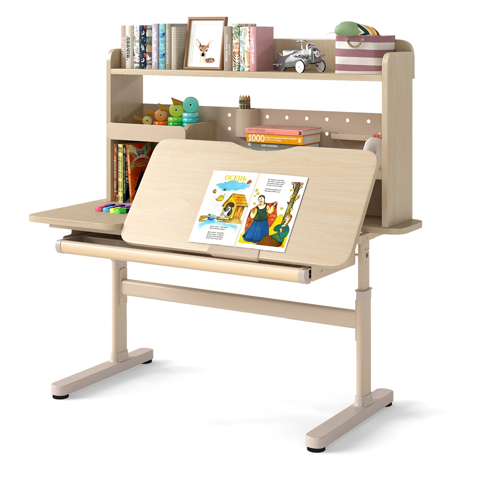 Height Adjustable Writing Table with Tilt Desktop and Retractable Book Stand-YM, Yellow - Image 5