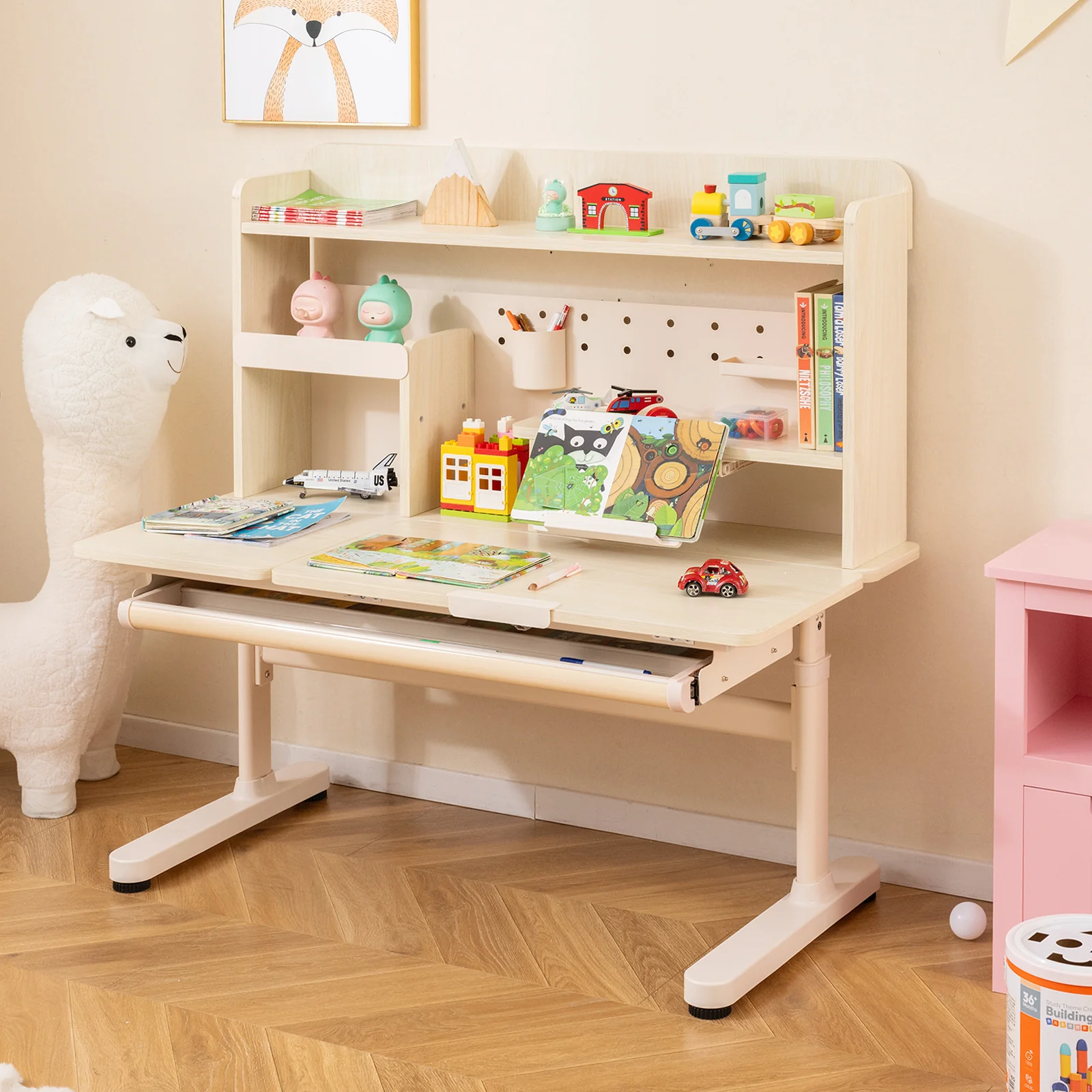 Height Adjustable Writing Table with Tilt Desktop and Retractable Book Stand-YM, Yellow - Image 7