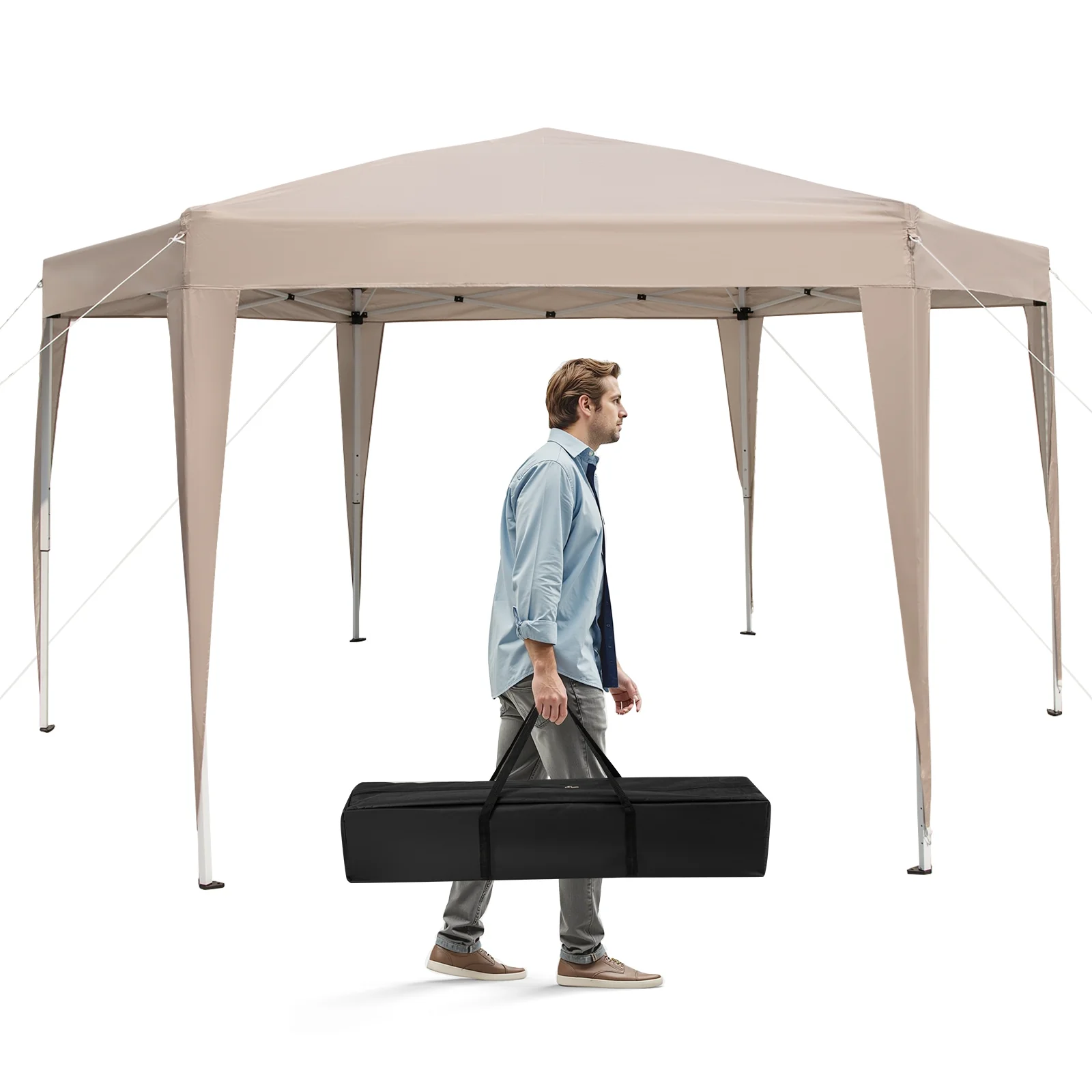 Hexagonal Pop-Up Canopy Tent, 13 x 11.5 FT, Height Adjustable, Khaki - Image 4