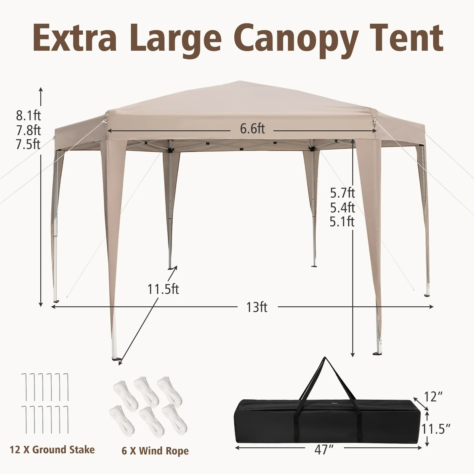 Hexagonal Pop-Up Canopy Tent, 13 x 11.5 FT, Height Adjustable, Khaki - Image 5