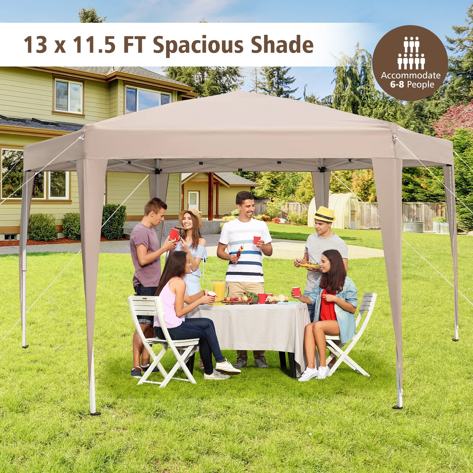 Hexagonal Pop-Up Canopy Tent, 13 x 11.5 FT, Height Adjustable, Khaki - Image 6