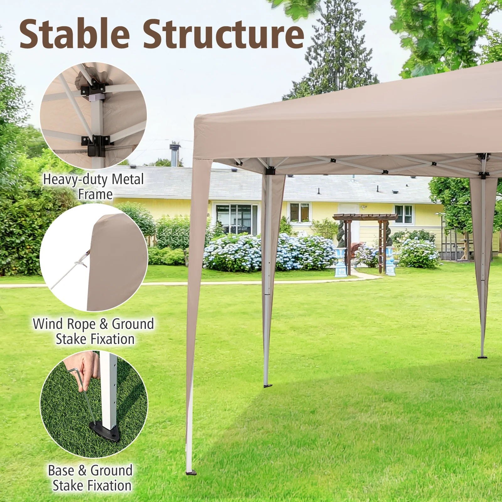 Hexagonal Pop-Up Canopy Tent, 13 x 11.5 FT, Height Adjustable, Khaki - Image 7