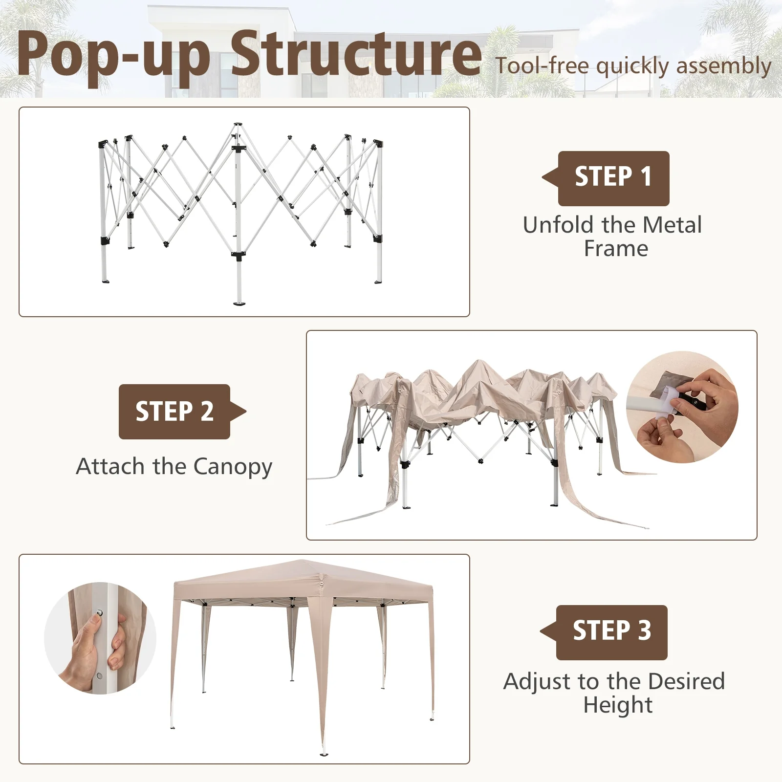 Hexagonal Pop-Up Canopy Tent, 13 x 11.5 FT, Height Adjustable, Khaki - Image 8