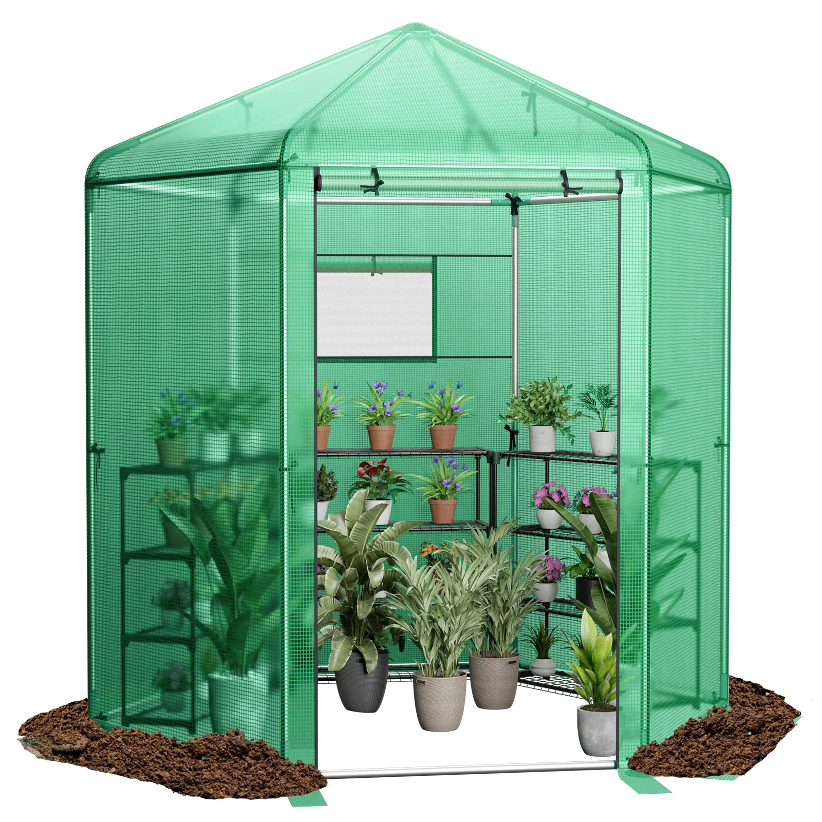 Hexagonal Walk-In Greenhouse, PE Cover, Metal Frame, Green - Image 5