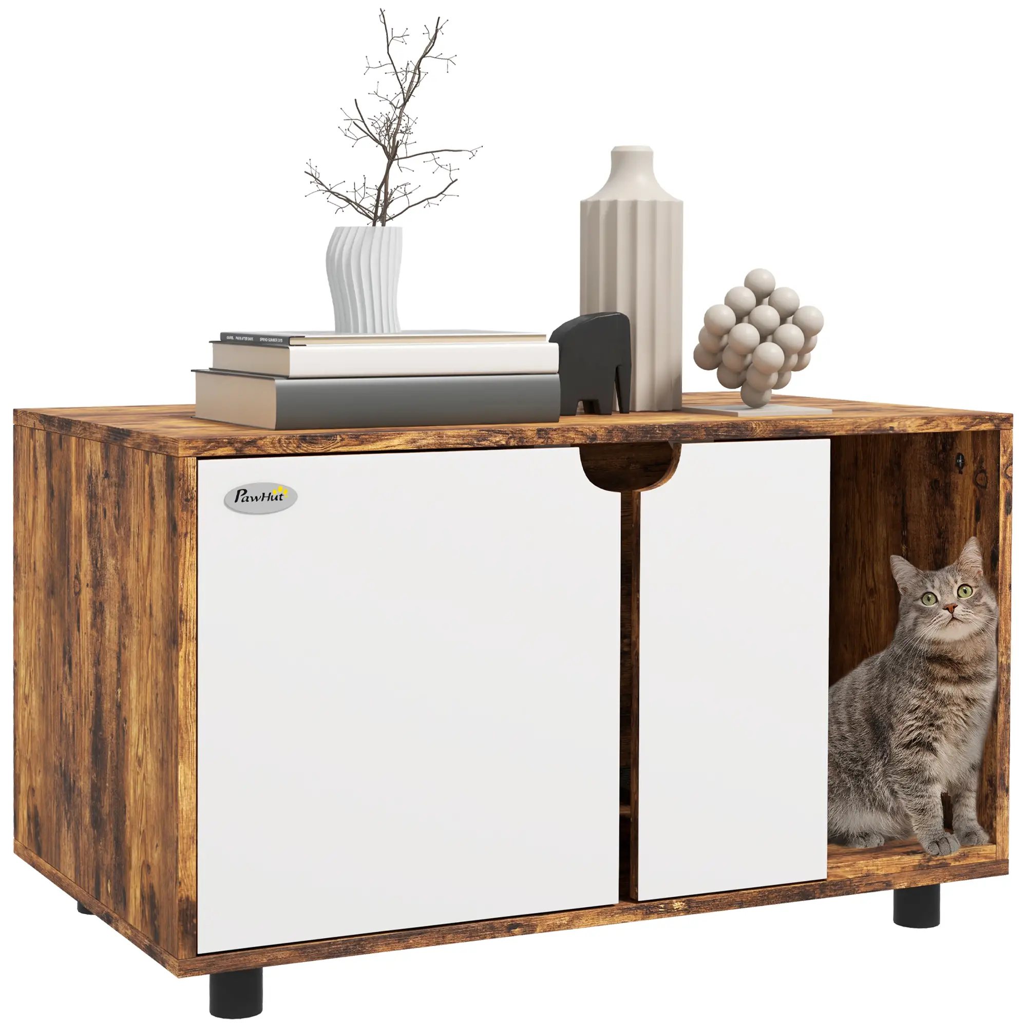Hidden Cat Litter Box Enclosure, Double Doors, Sand Drain Pad, Rustic Brown - Image 11