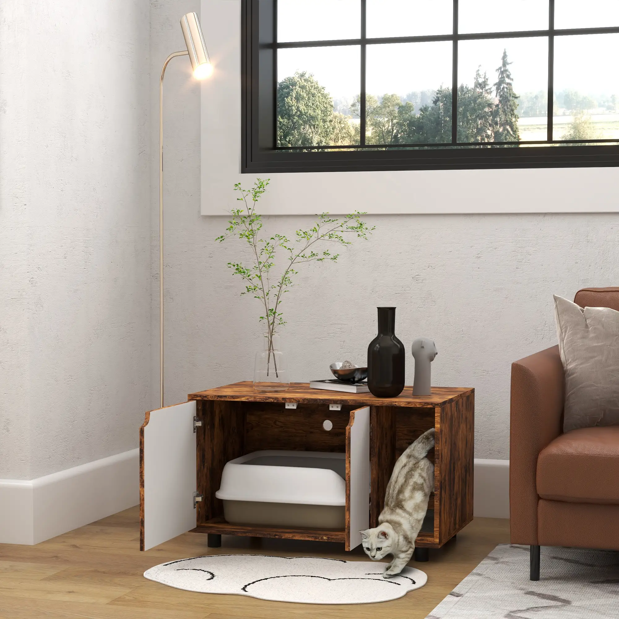 Hidden Cat Litter Box Enclosure, Double Doors, Sand Drain Pad, Rustic Brown - Image 2