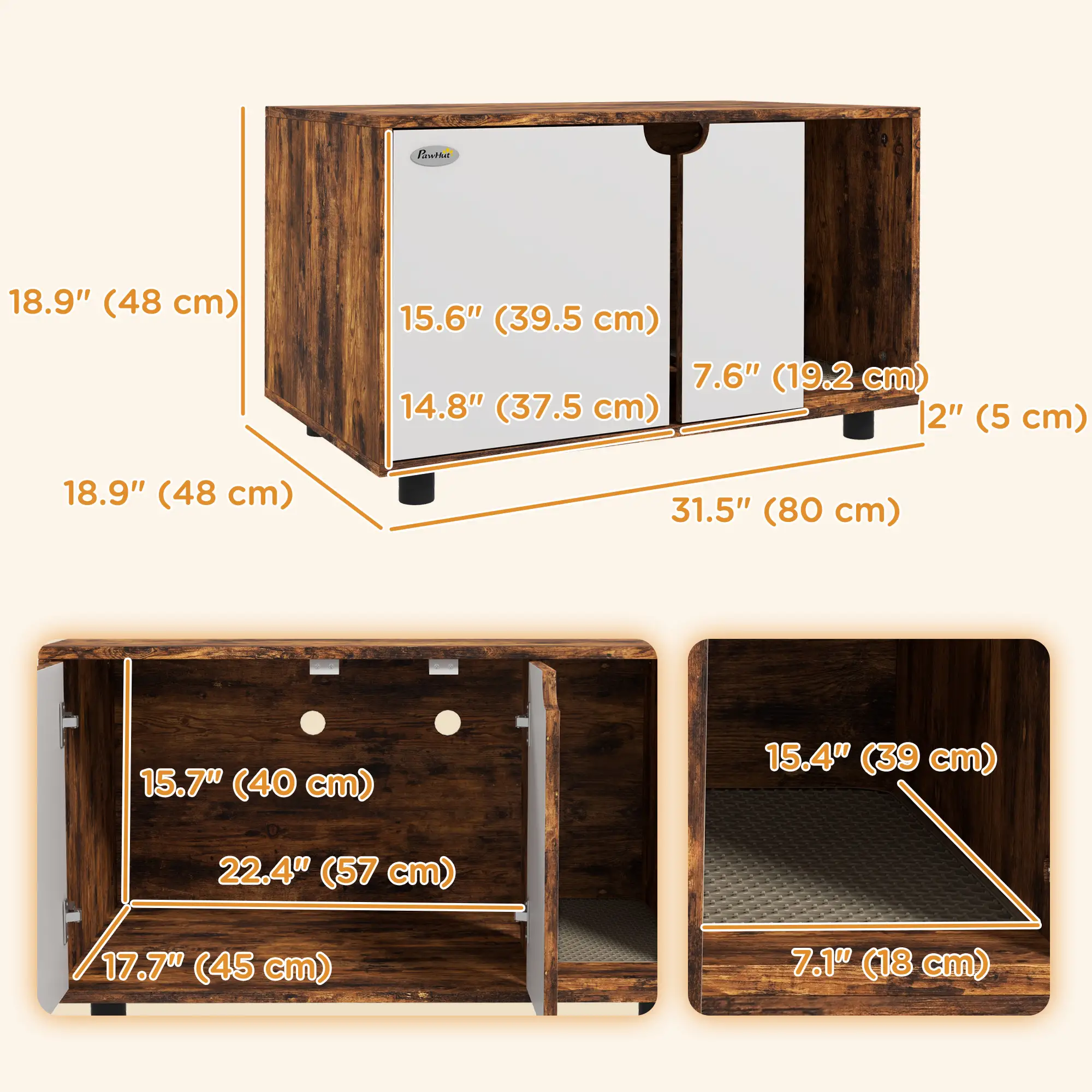 Hidden Cat Litter Box Enclosure, Double Doors, Sand Drain Pad, Rustic Brown - Image 3